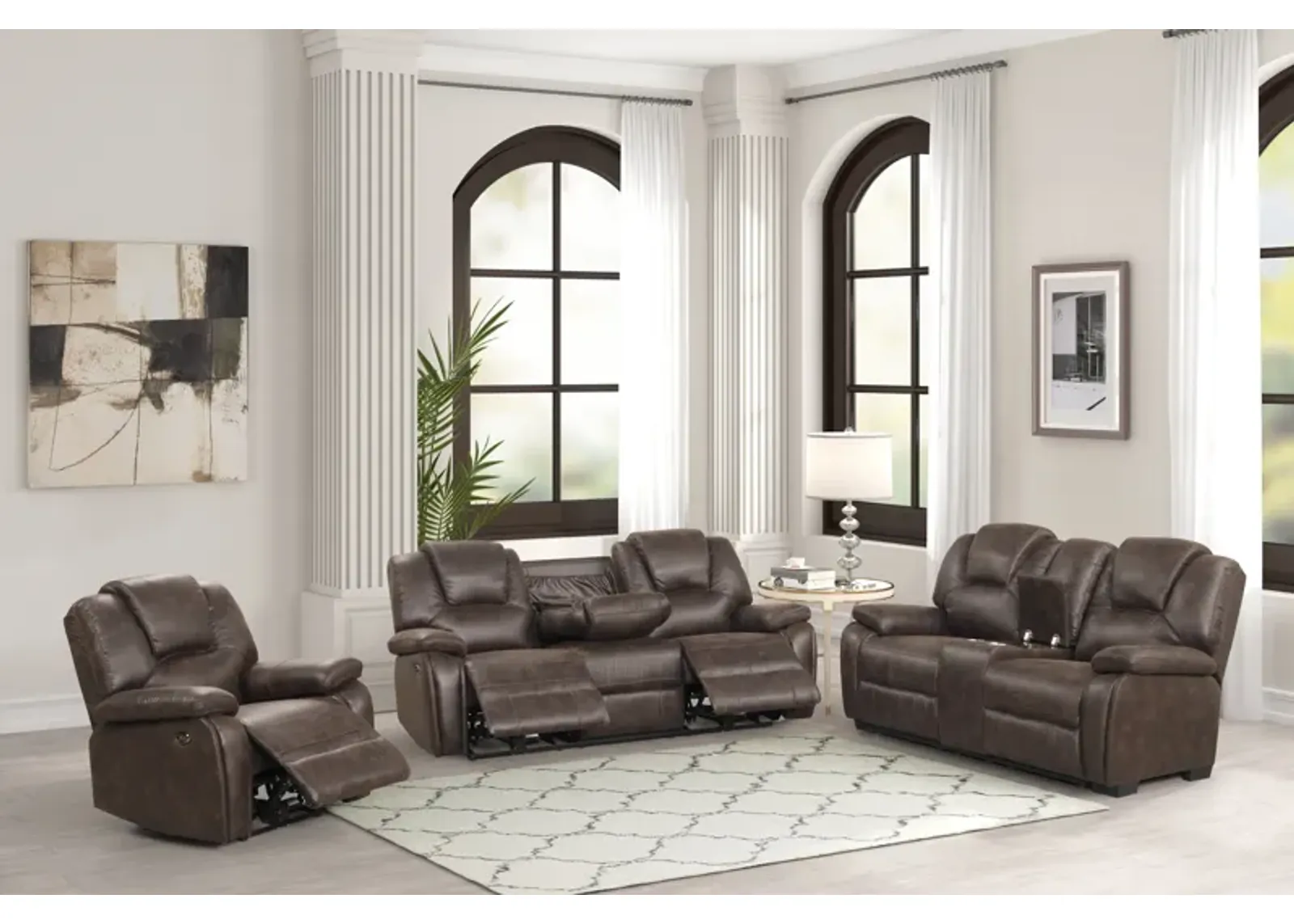 3 Piece Living Room Set: Power Reclining Sofa, Power Reclining Chair, Stationary Loveseat