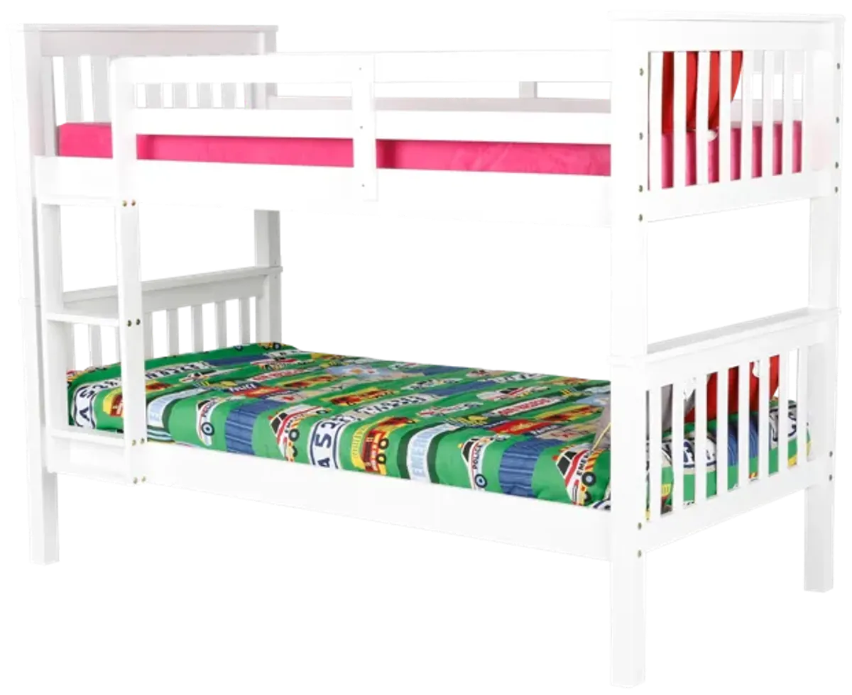 White Twin-Over-Twin Bunk Bed with Guardrails & Built-In Ladder