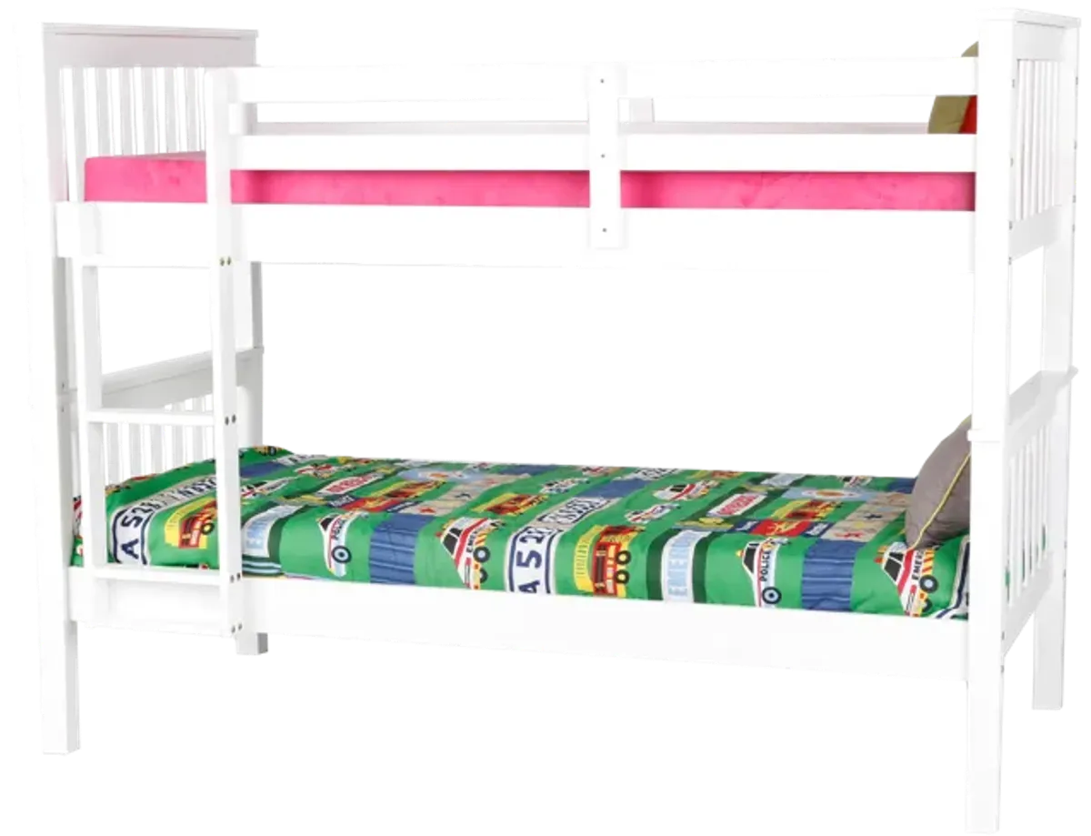 White Twin-Over-Twin Bunk Bed with Guardrails & Built-In Ladder