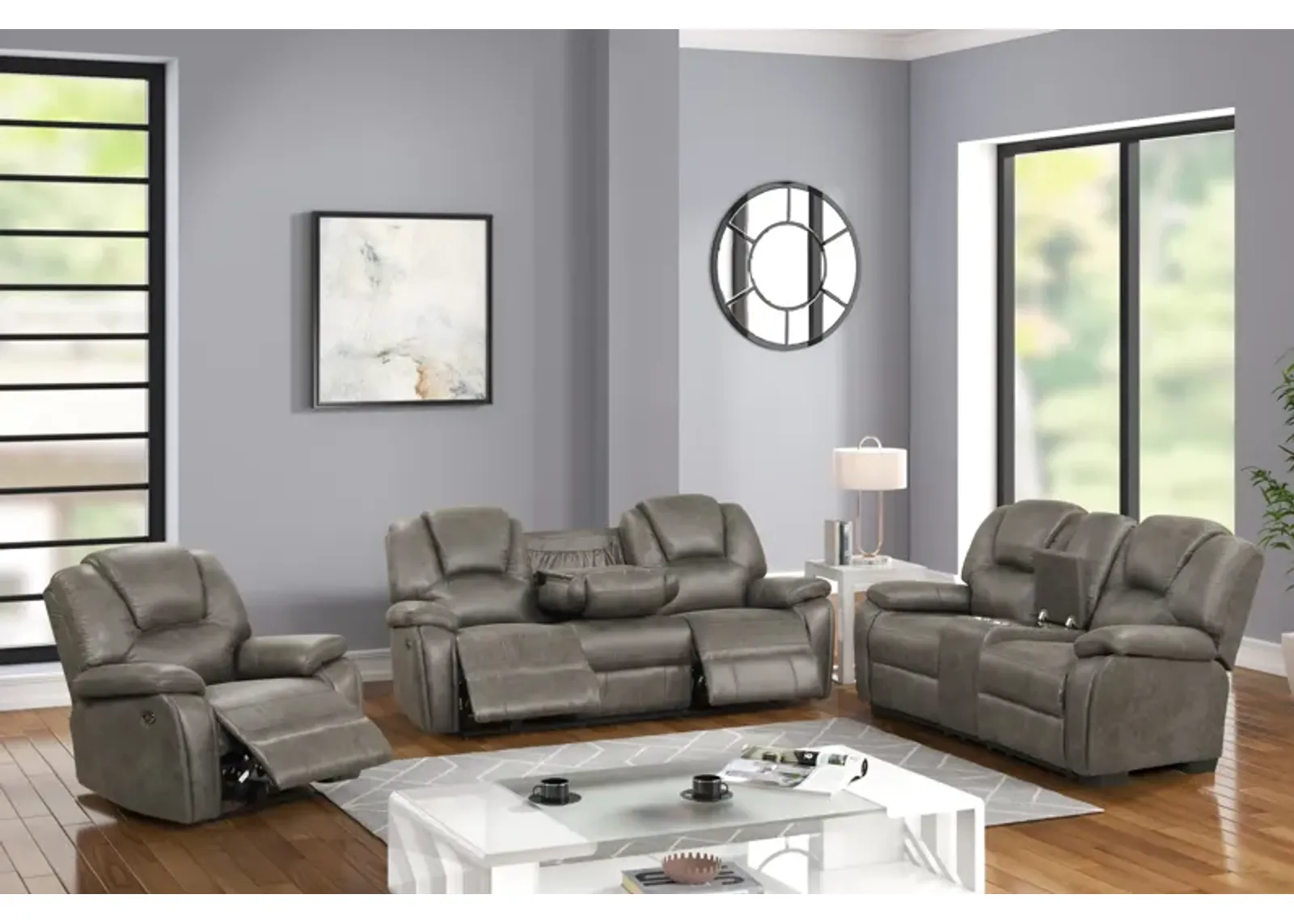 3 Piece Living Room Set: Power Reclining Sofa, Power Reclining Chair, Stationary Loveseat