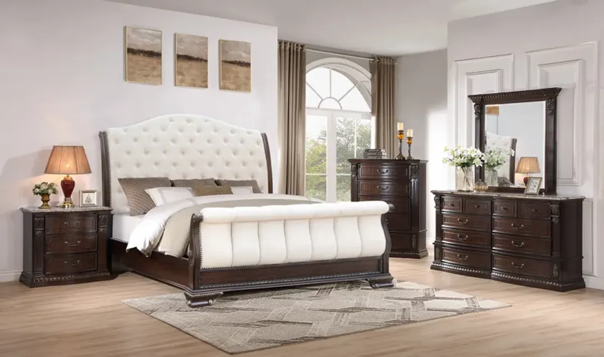 Cherry Marble-Top Bedroom Set - Tufted Sleigh Bed, Dresser & Mirror, Nightstand