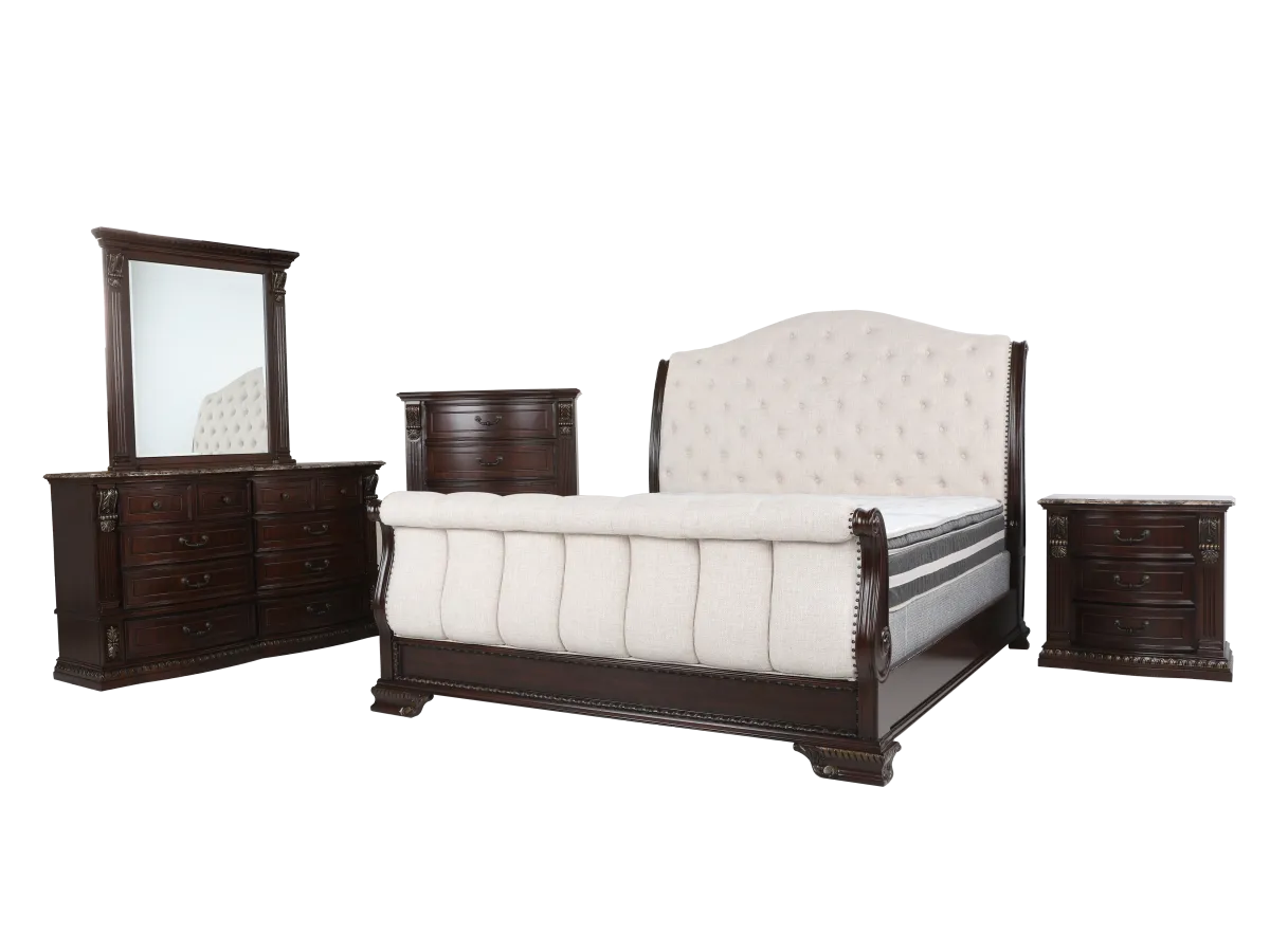 Cherry Marble-Top Bedroom Set - Tufted Sleigh Bed, Dresser & Mirror, Nightstand