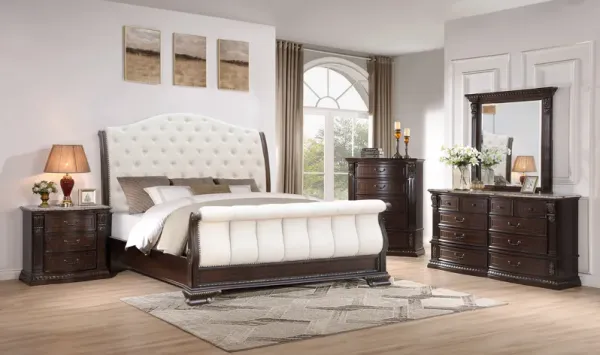 Cherry Marble-Top Bedroom Set - Tufted Sleigh Bed, Dresser & Mirror, Nightstand