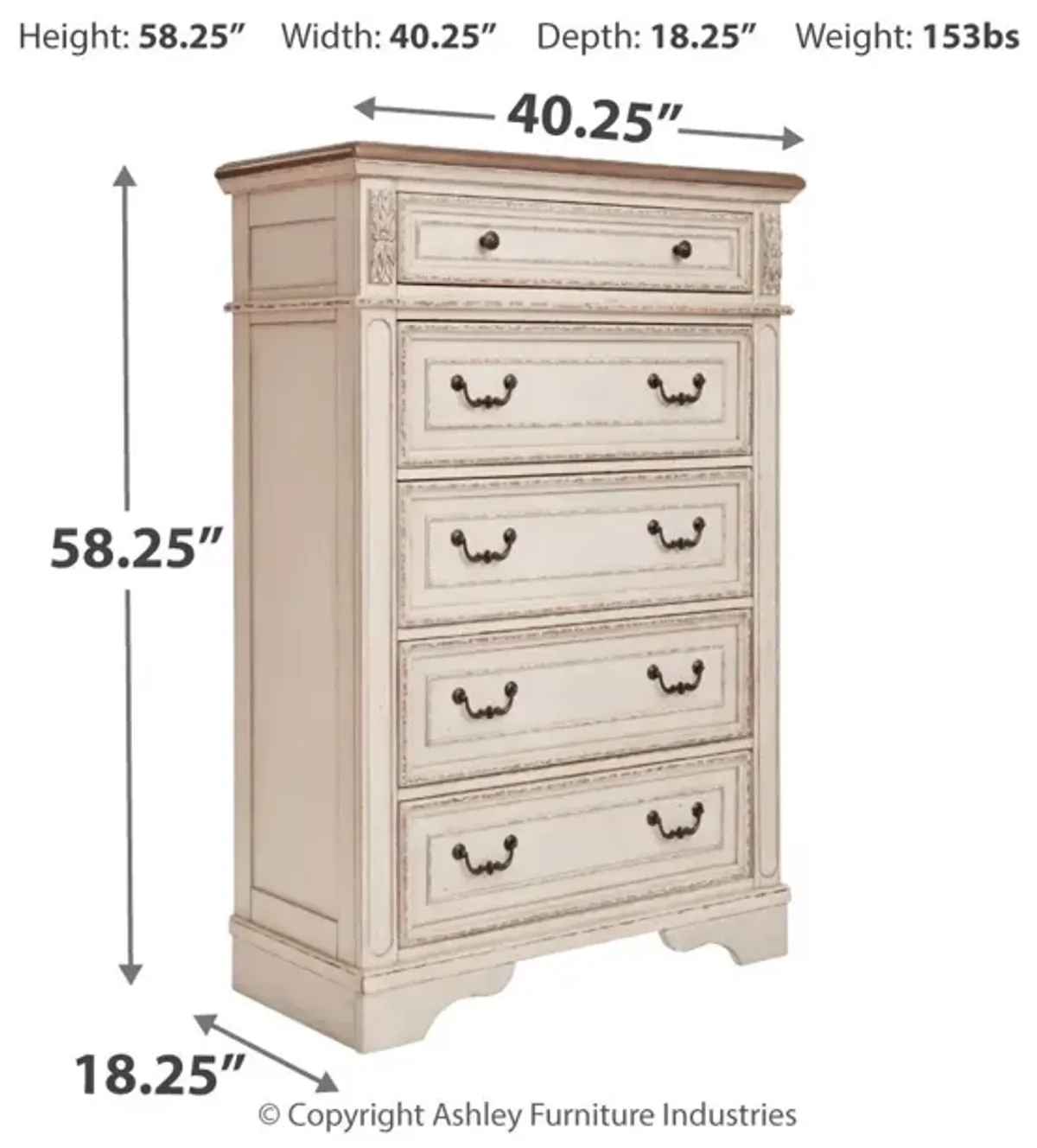 Realyn - White / Brown / Beige - Five Drawer Chest