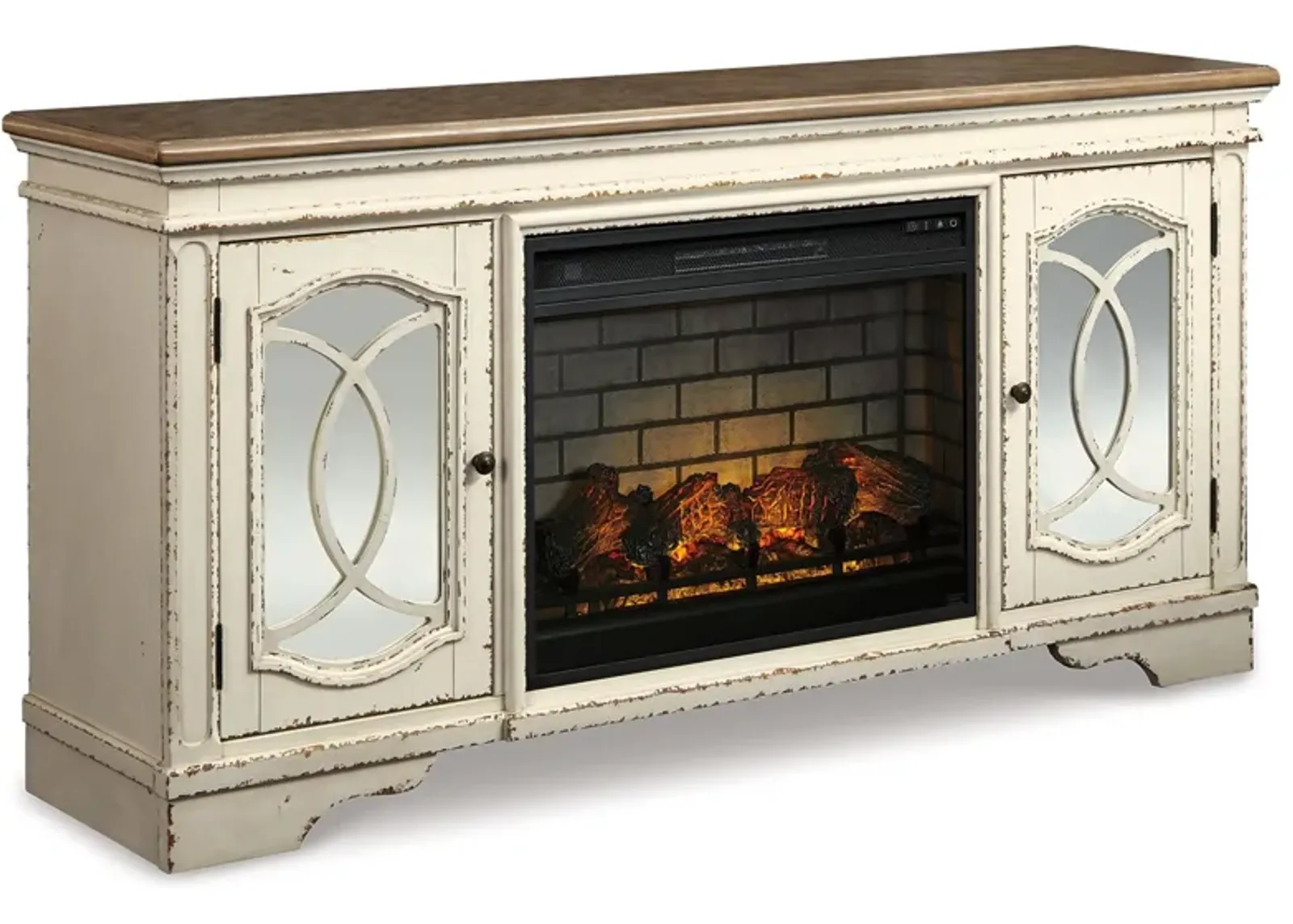 Realyn - Chipped White - 2 Pc. - 74" TV Stand With Electric Infrared Fireplace Insert