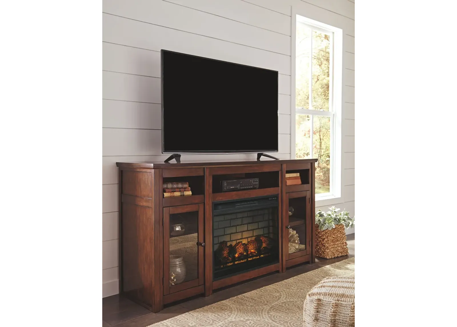 Harpan - Reddish Brown - 2 Pc. - 72" TV Stand With Electric Infrared Fireplace Insert