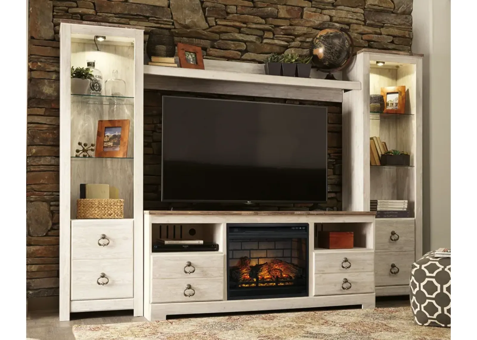 Willowton - Whitewash - Entertainment Center - TV Stand With Faux Firebrick Fireplace Insert