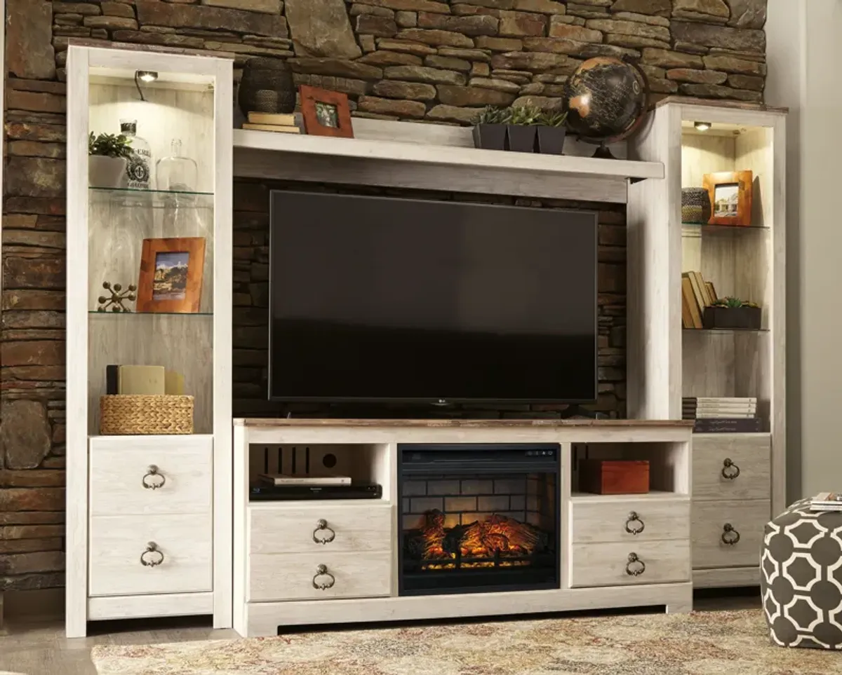 Willowton - Whitewash - Entertainment Center - TV Stand With Faux Firebrick Fireplace Insert