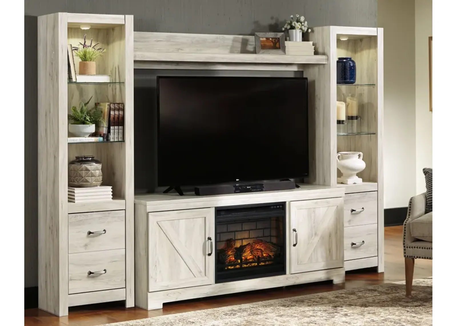 Bellaby - Whitewash - Entertainment Center - TV Stand With Faux Firebrick Fireplace Insert