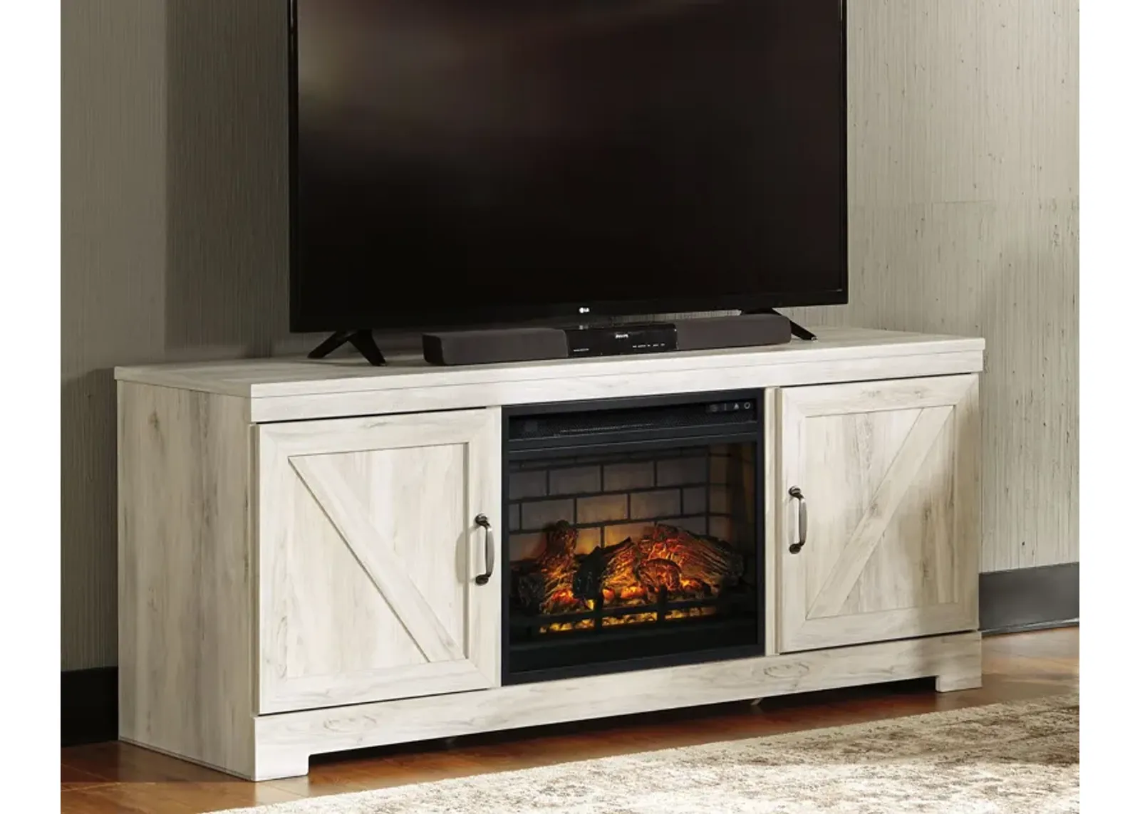 Bellaby - Whitewash - 63" TV Stand With Faux Firebrick Fireplace Insert