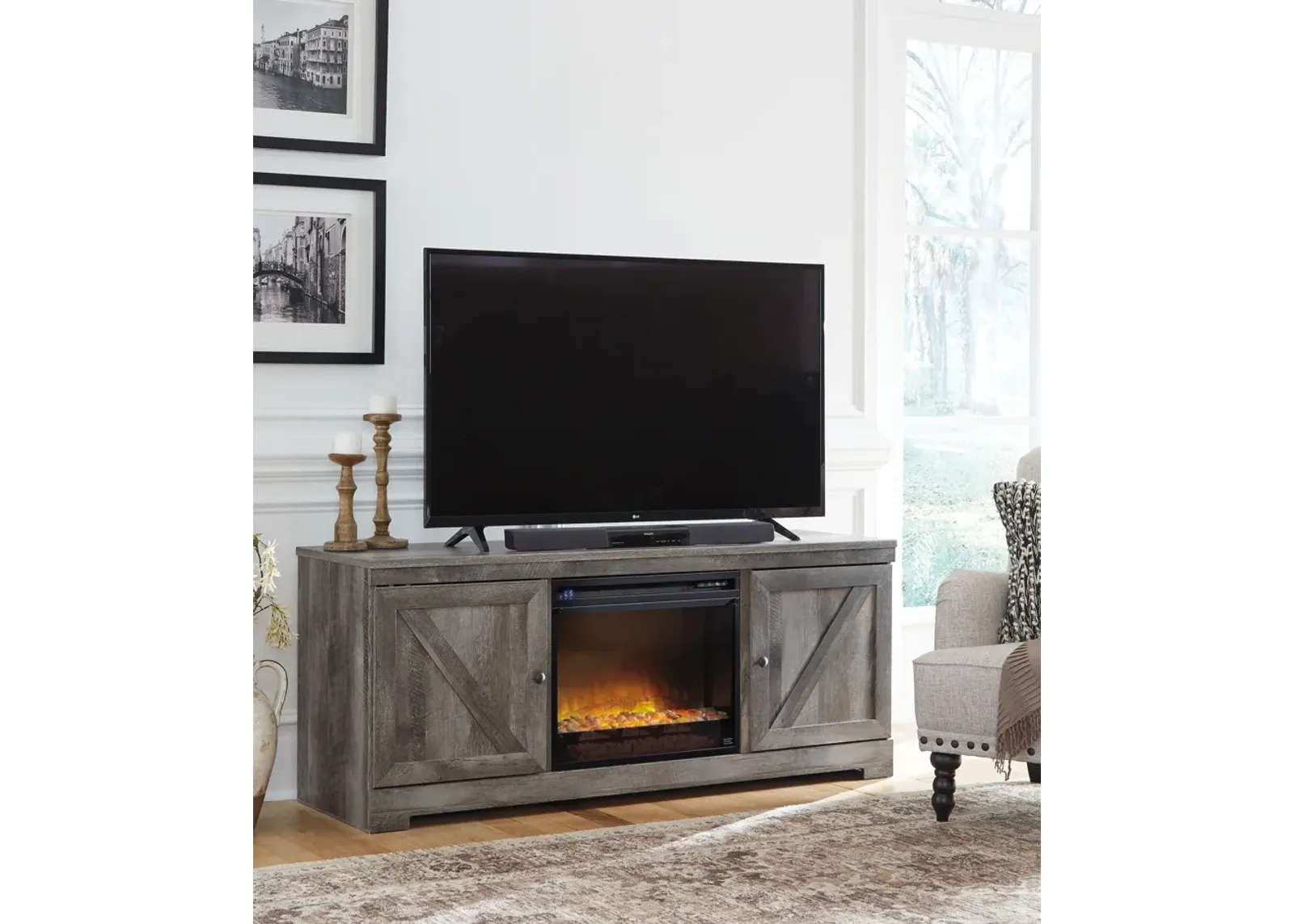 Wynnlow - Gray - 63" TV Stand With Glass/Stone Fireplace Insert