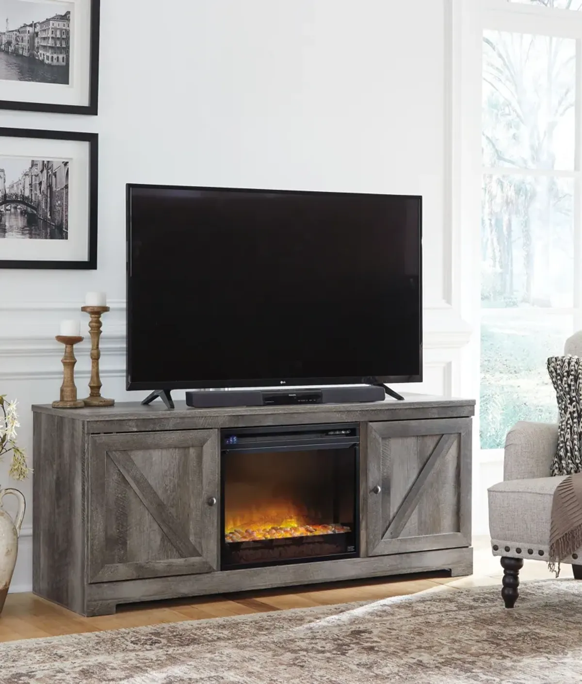 Wynnlow - Gray - 63" TV Stand With Glass/Stone Fireplace Insert