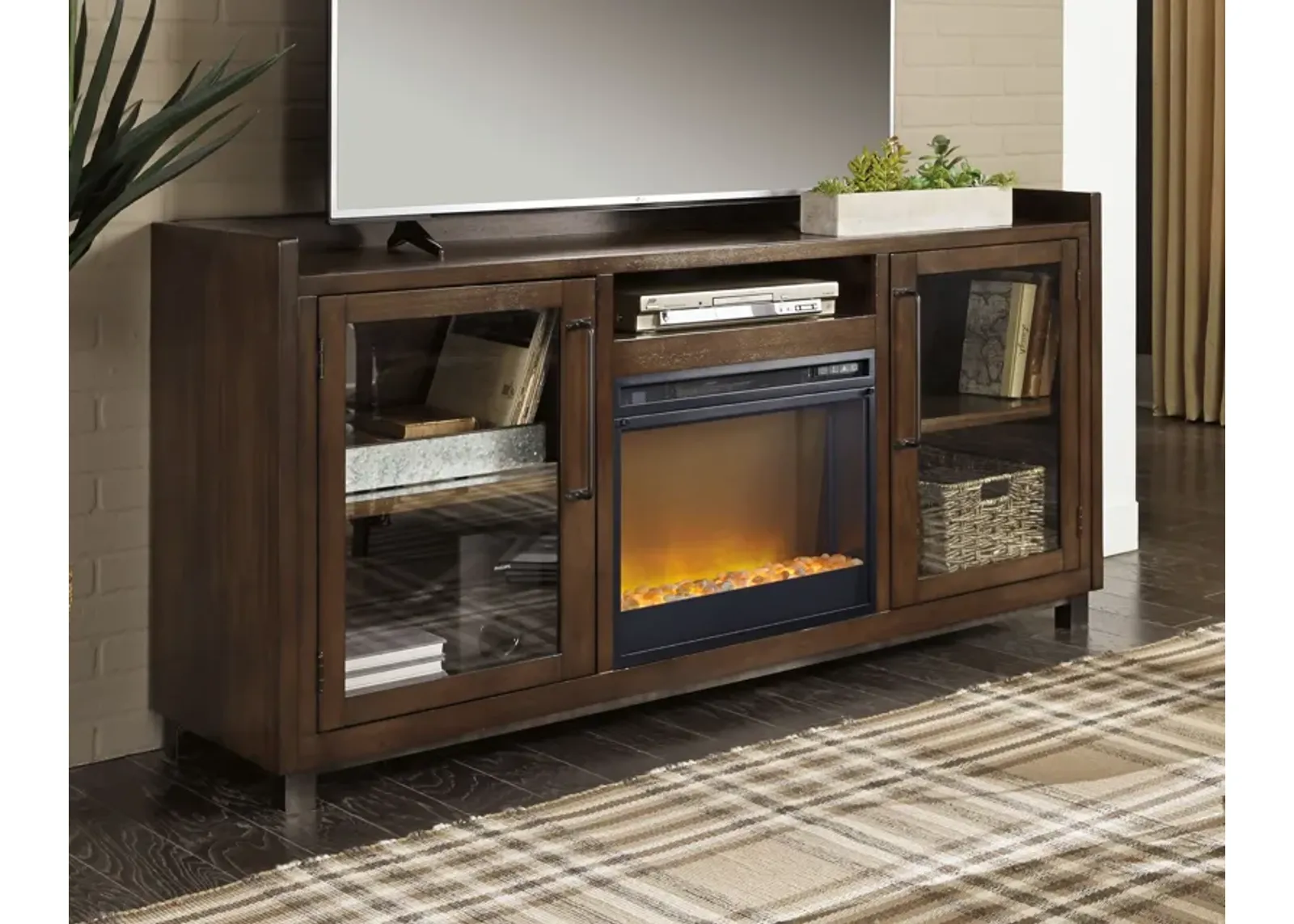 Starmore - Brown - 70" TV Stand With Glass/Stone Fireplace Insert