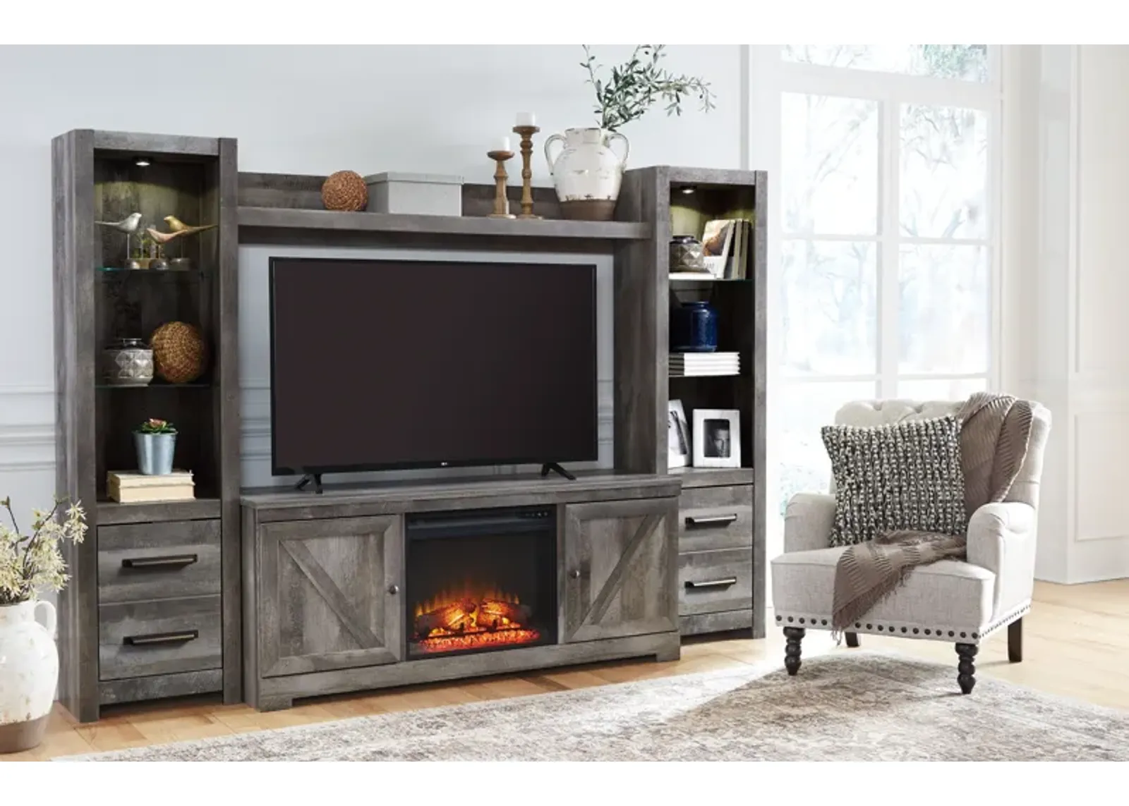 Wynnlow - Gray - Entertainment Center - TV Stand With Glass/Stone Fireplace Insert