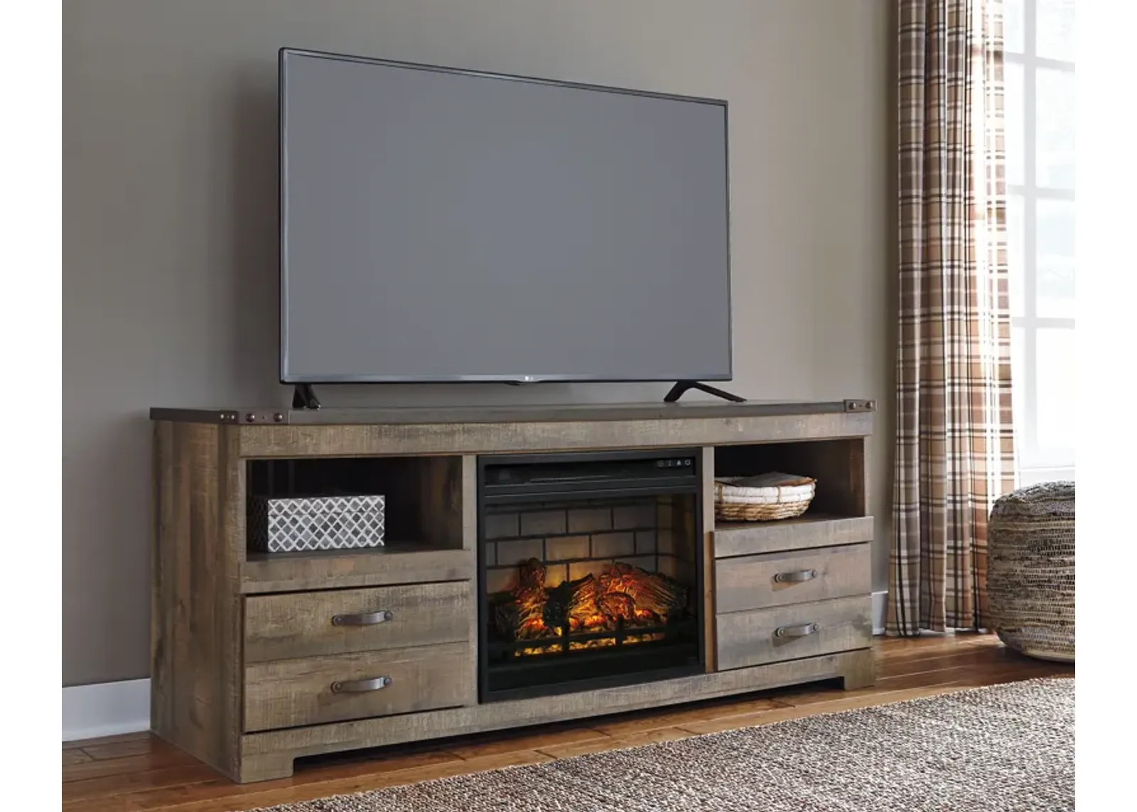 Trinell - Brown - 63" TV Stand With Glass/Stone Fireplace Insert