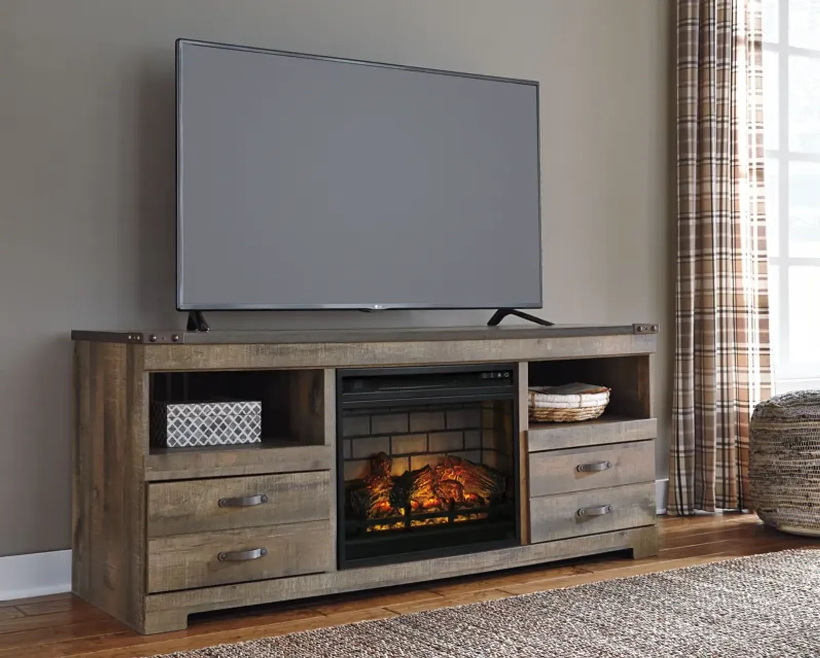 Trinell - Brown - 63" TV Stand With Glass/Stone Fireplace Insert