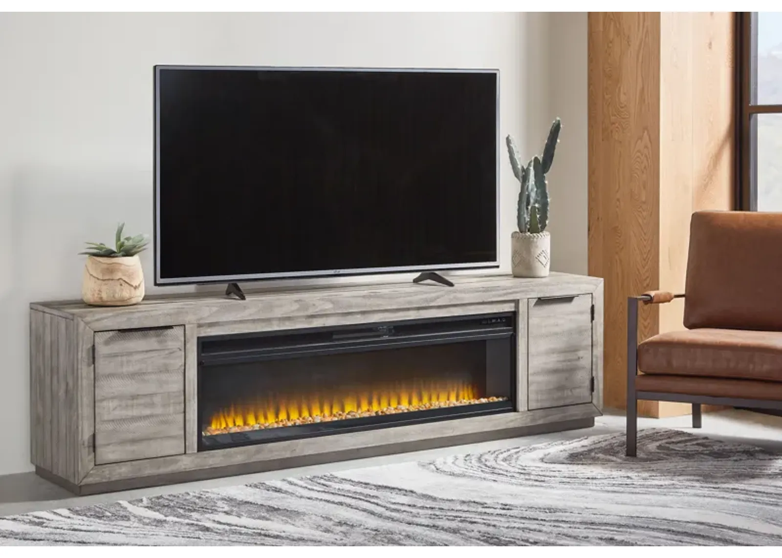 Naydell - Gray - 92" TV Stand With Wide Fireplace Insert