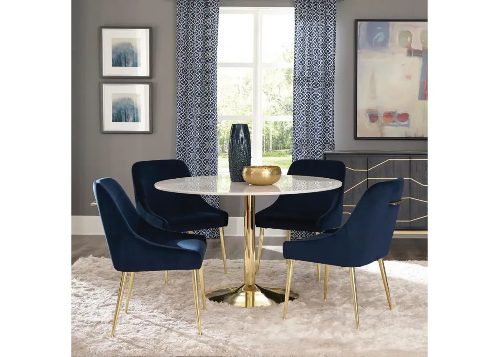 Kella - 5 Piece Round Marble Top Dining Set - Blue And Gold