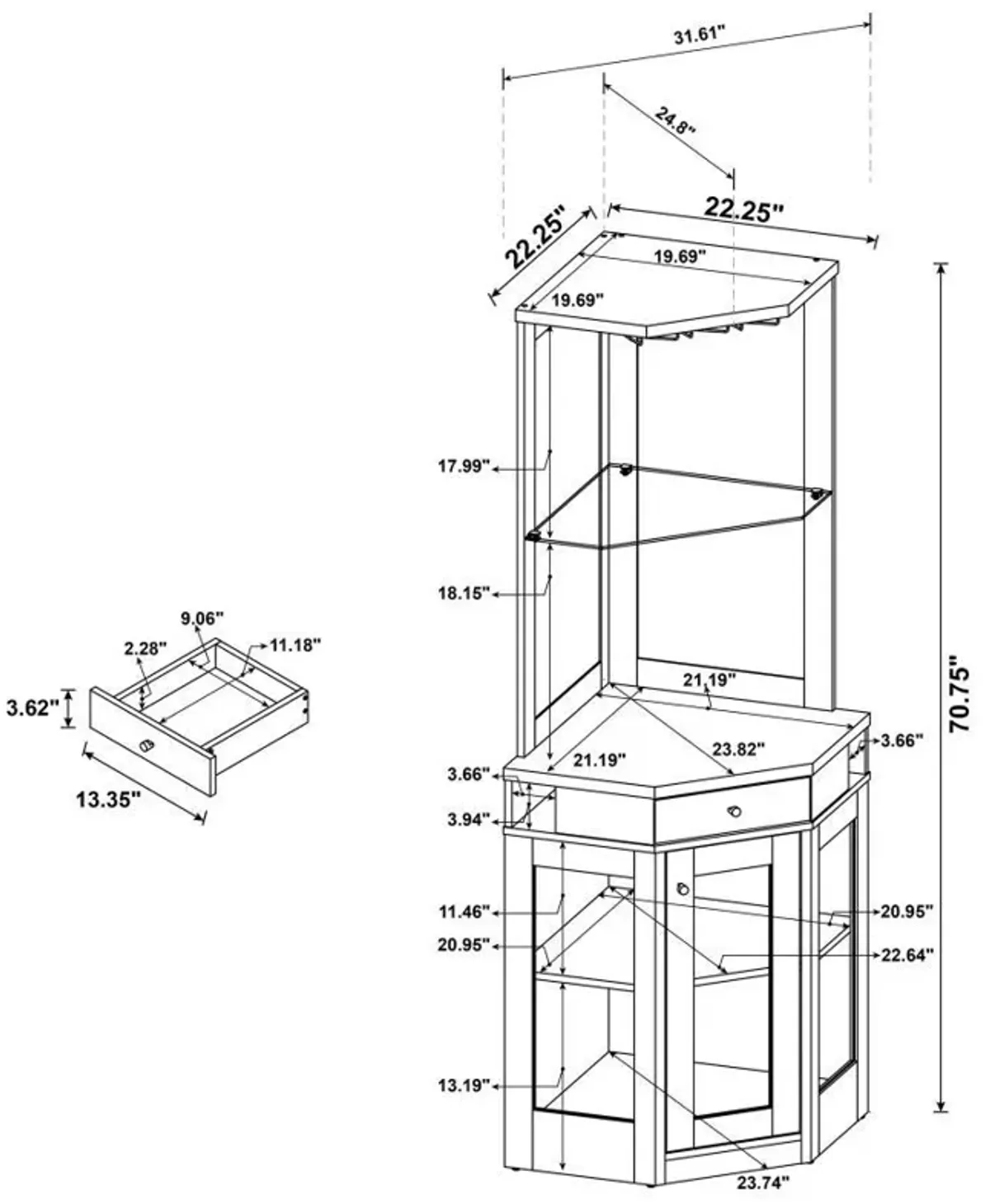 Alviso - 1-Drawer Corner Home Bar Wine Cabinet - Rustic Oak