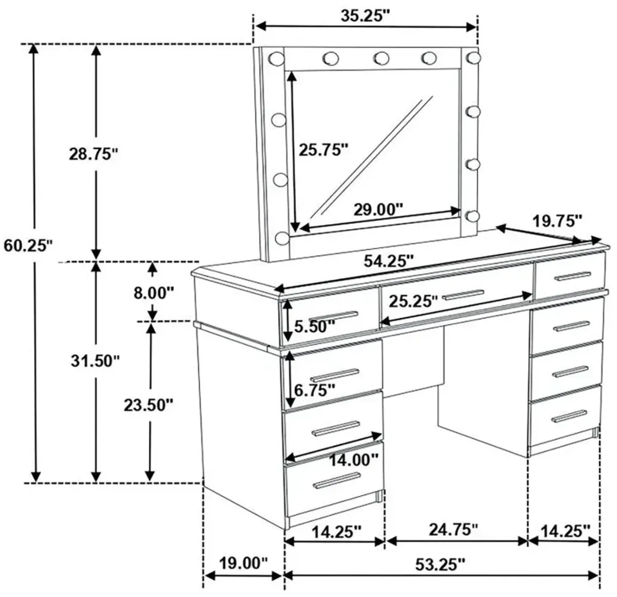 Felicity - 9-Drawer Vanity Table With Lighted Mirror - Glossy White