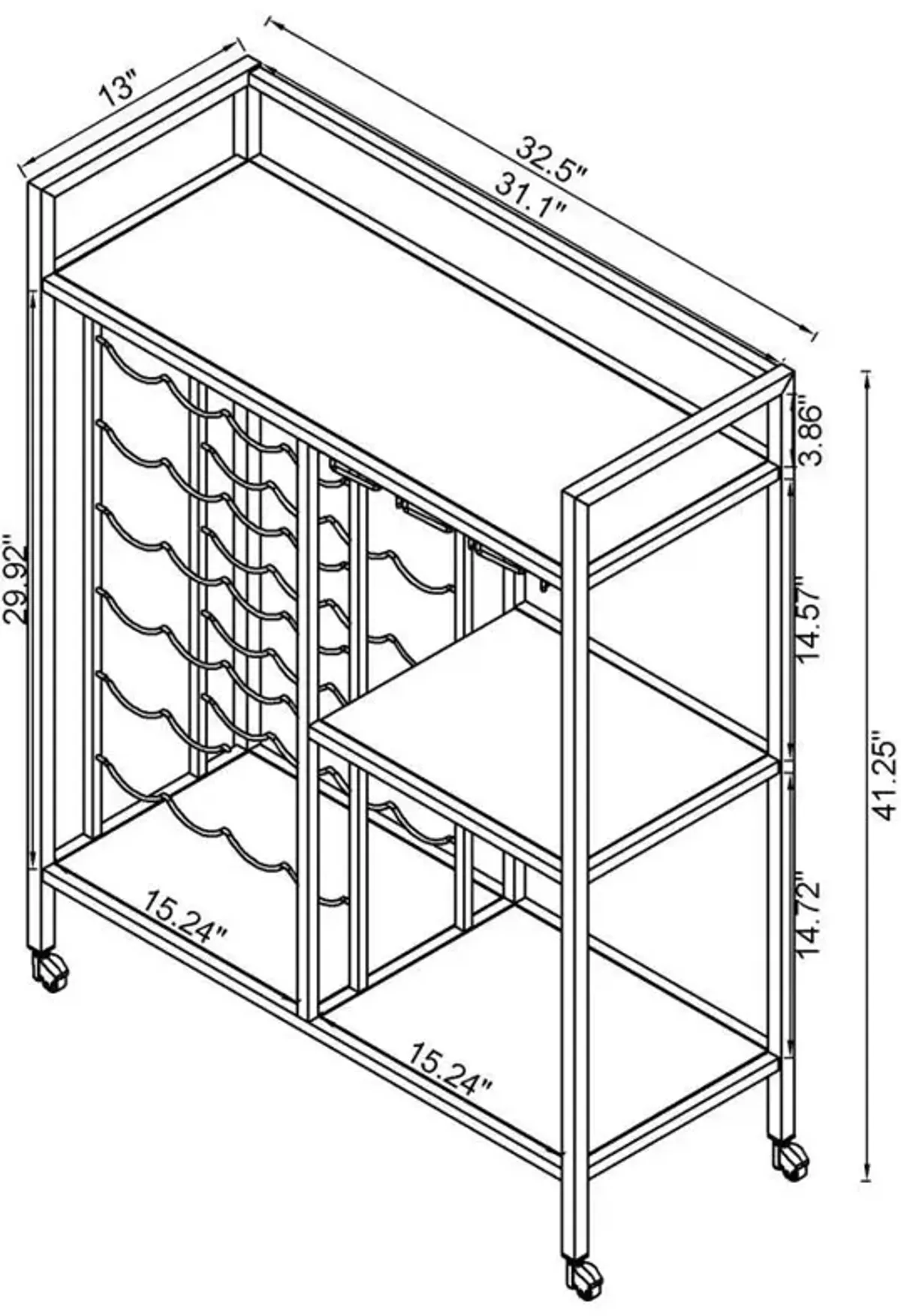 Derion - 3-Tier Rectangular Glass Shelf Metal Bar Cart - Chrome