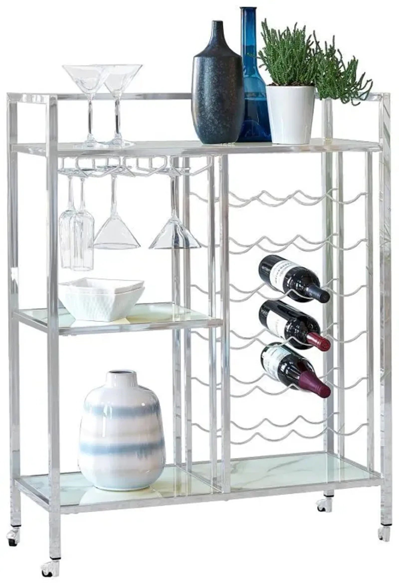 Derion - 3-Tier Rectangular Glass Shelf Metal Bar Cart - Chrome