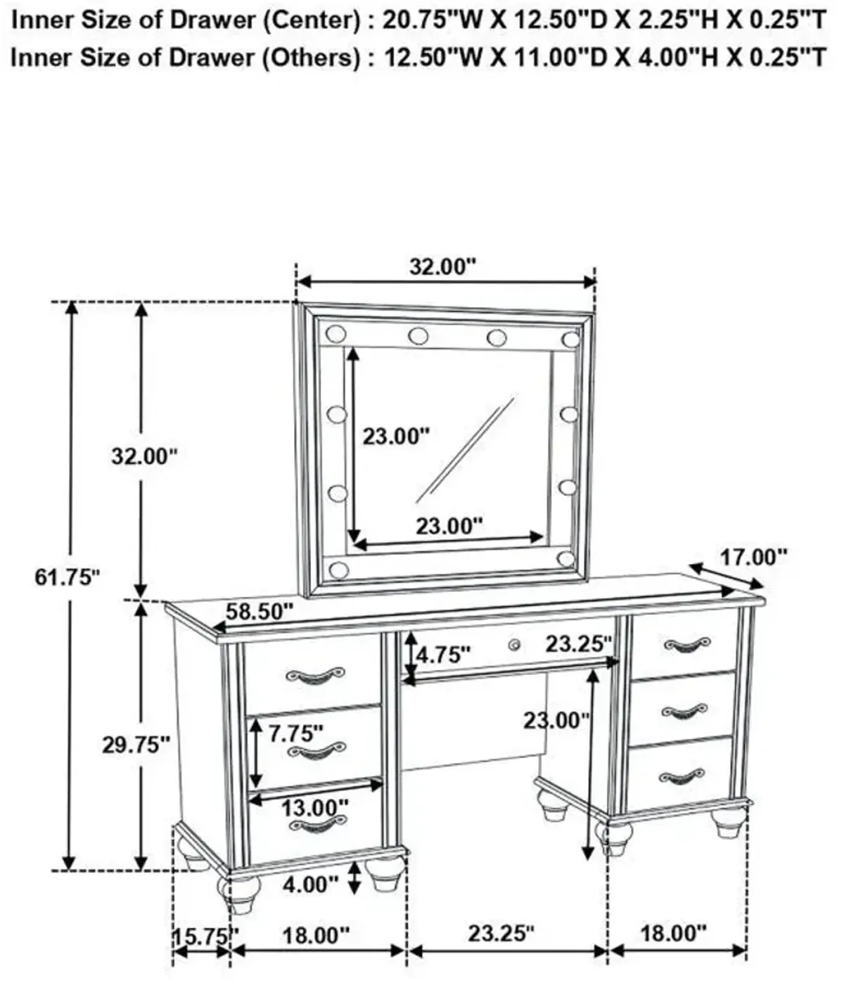 Barzini - 7-Drawer Vanity Set With Lighting - White