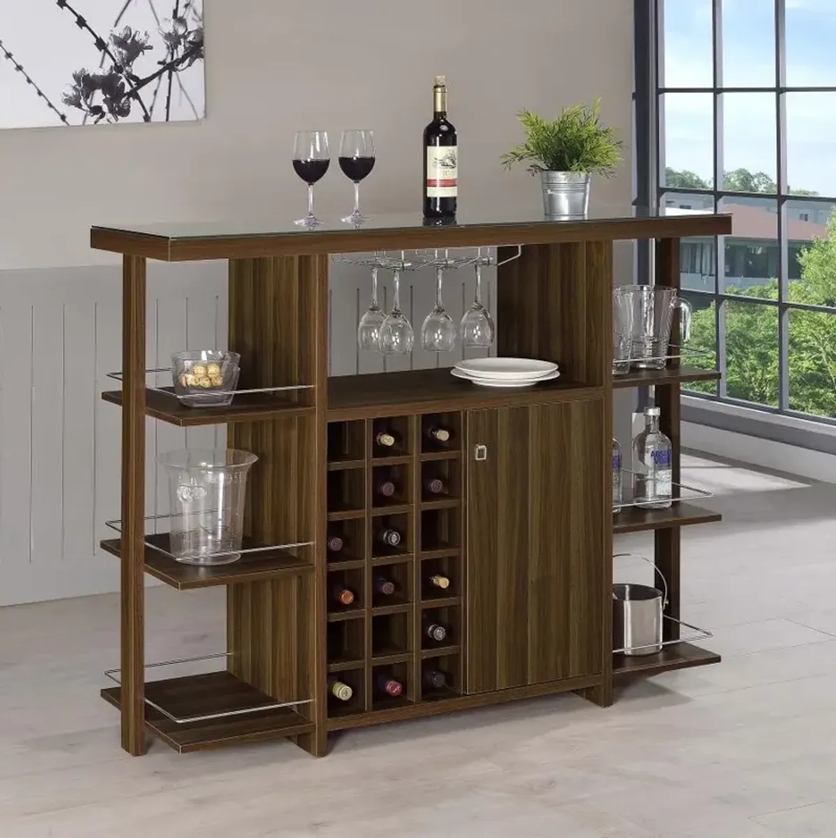 Evelio - 6-Shelf Glass Top Home Bar Wine Cabinet - Walnut