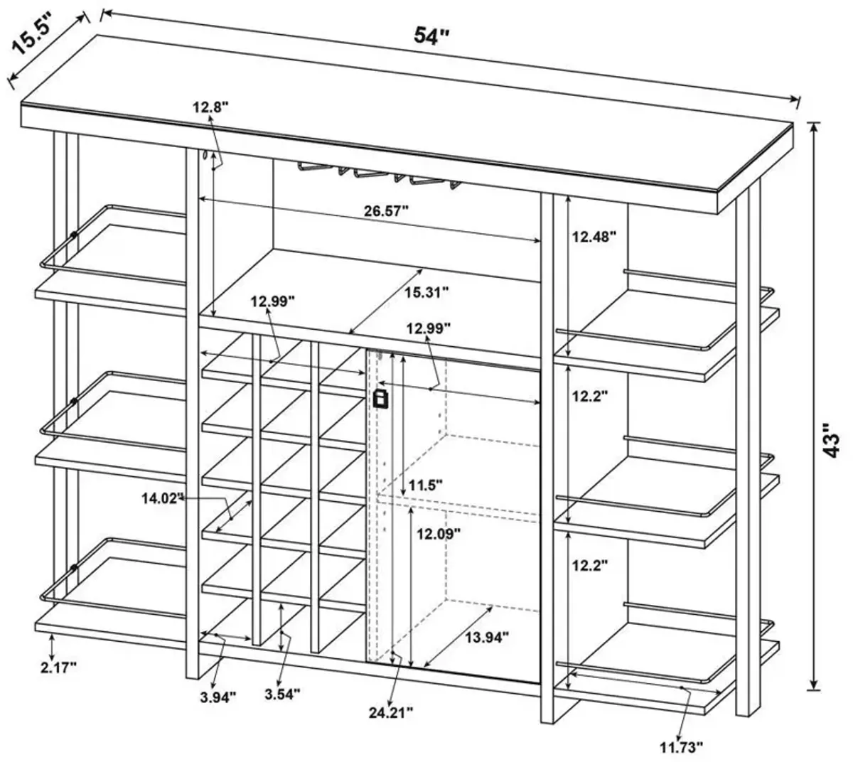 Evelio - 6-Shelf Glass Top Home Bar Wine Cabinet - Walnut