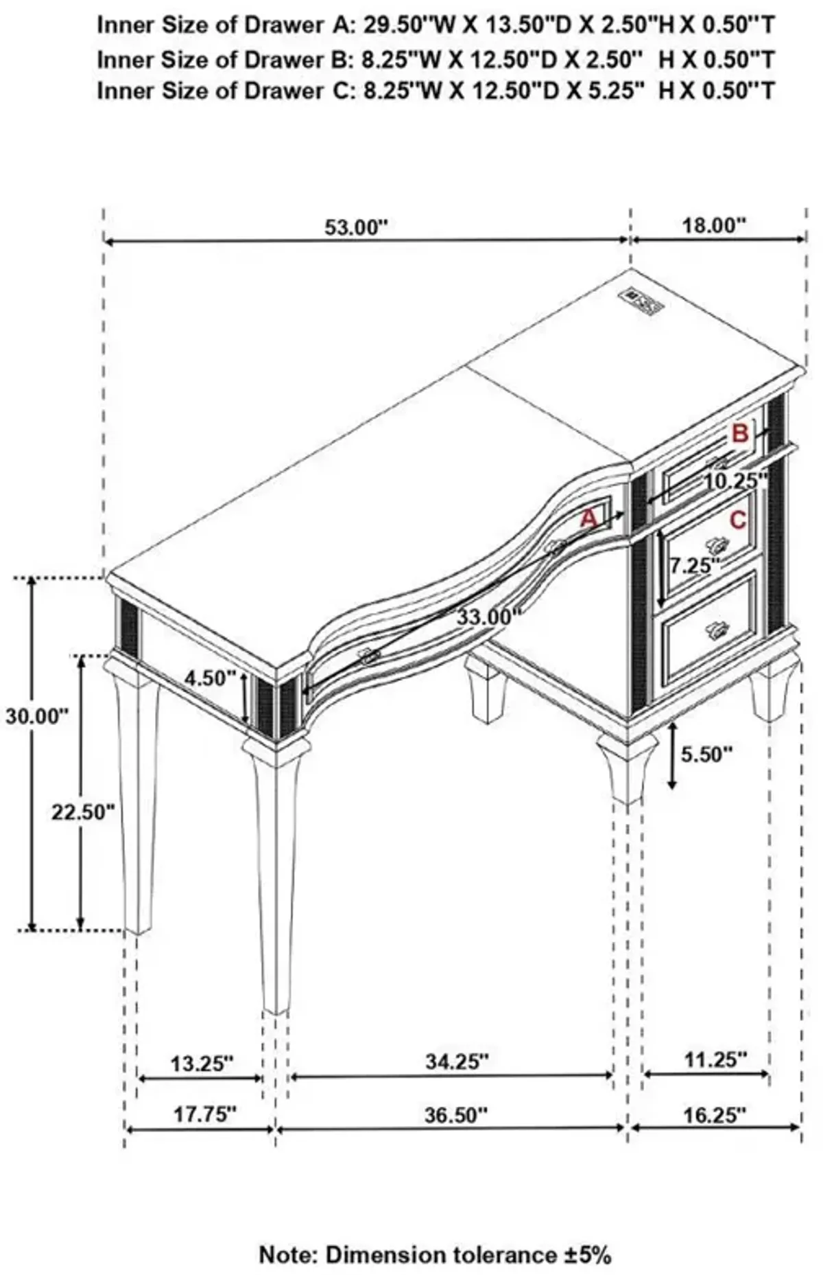 Evangeline - 4-Drawer Vanity Desk Makeup Table - Silver Oak