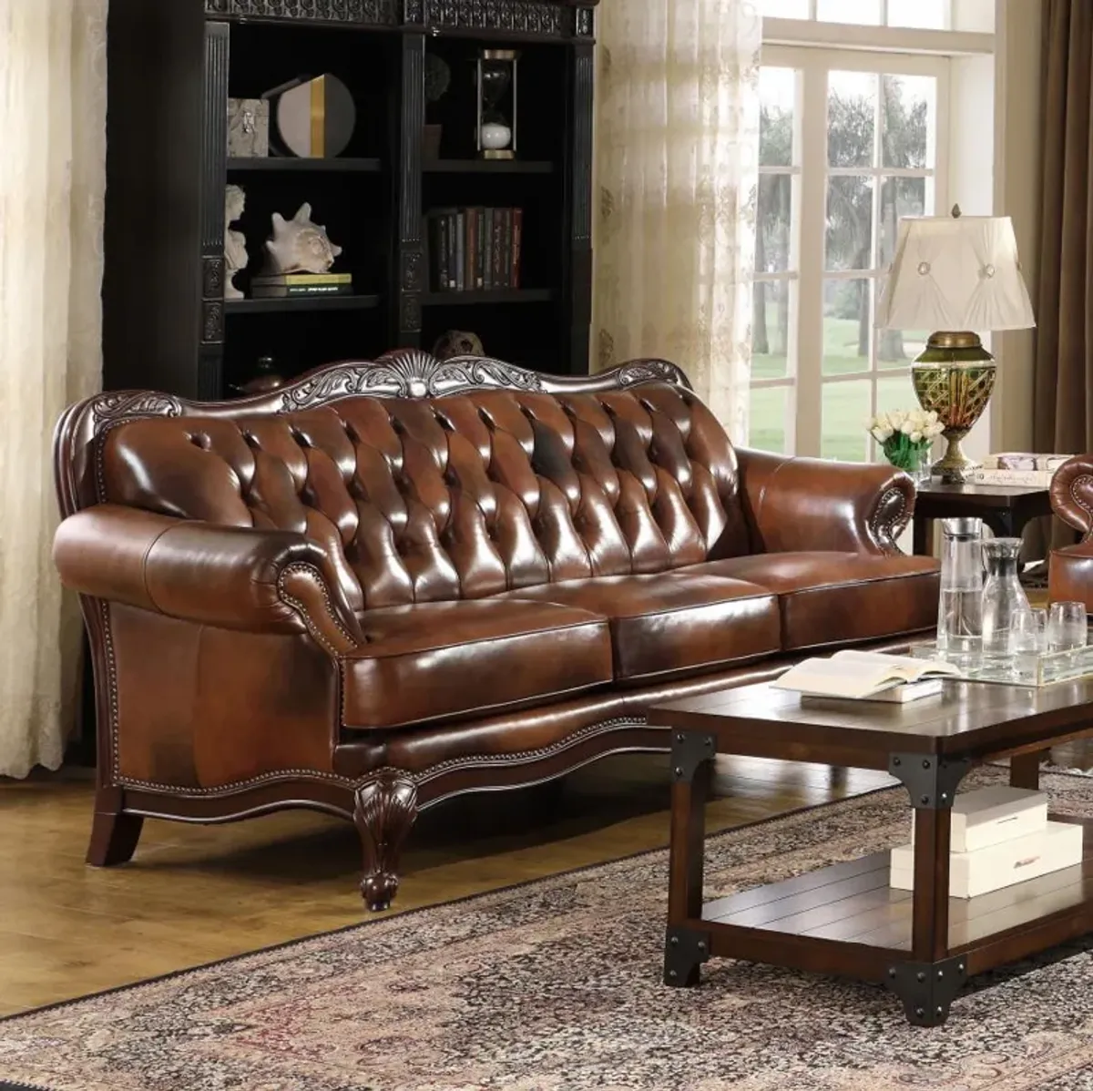 Victoria - Full Leather Upholstered Rolled Arm Sofa - Brown