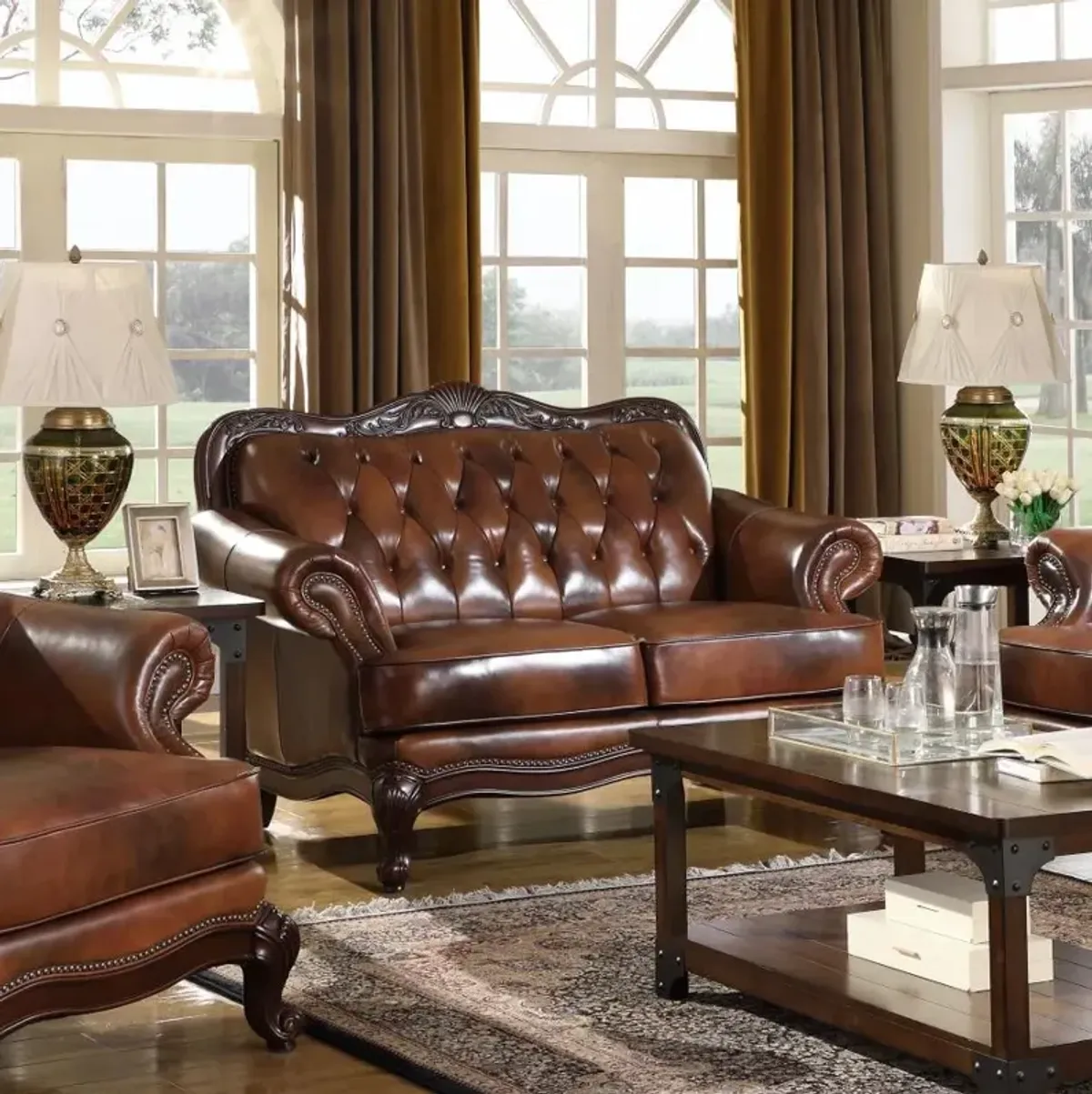 Victoria - Full Leather Upholstered Rolled Arm Loveseat - Brown