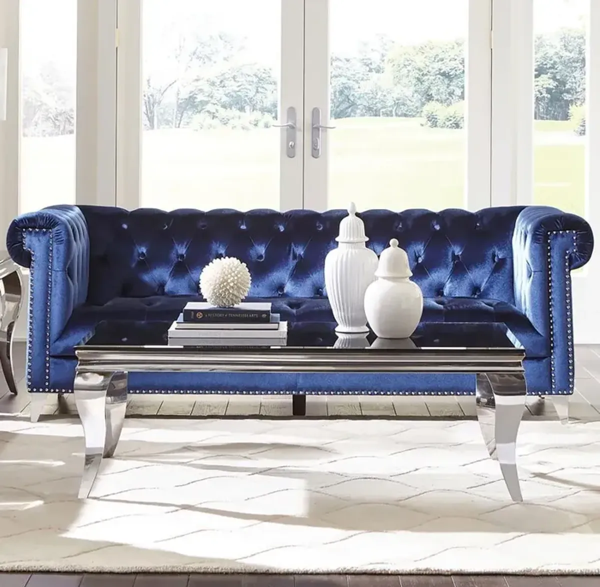 Bleker - Upholstered Tuxedo Arm Tufted Sofa - Blue