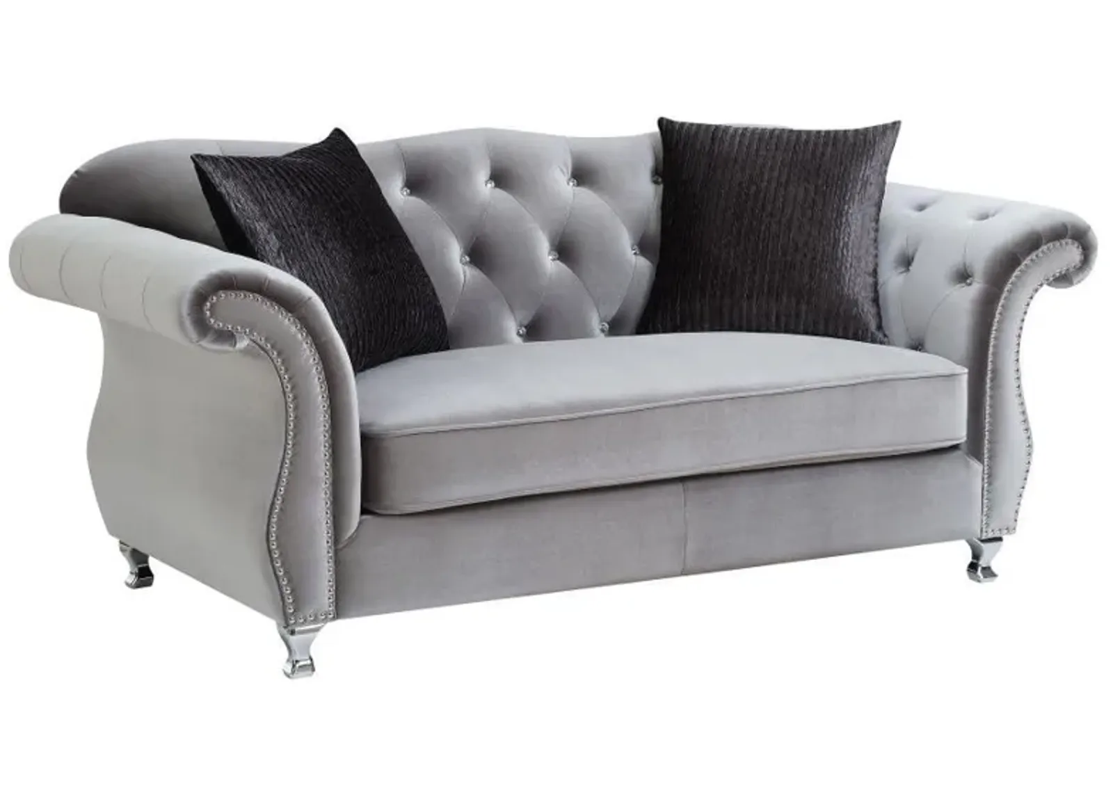 Frostine - Upholstered Rolled Arm Tufted Loveseat - Silver