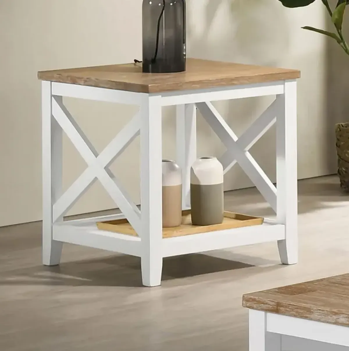 Hollis - Square Wood End Table With Shelf - Brown And White