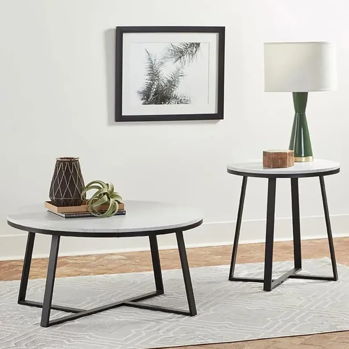 Hugo - Round Faux Marble Coffee Table - White And Matte Black