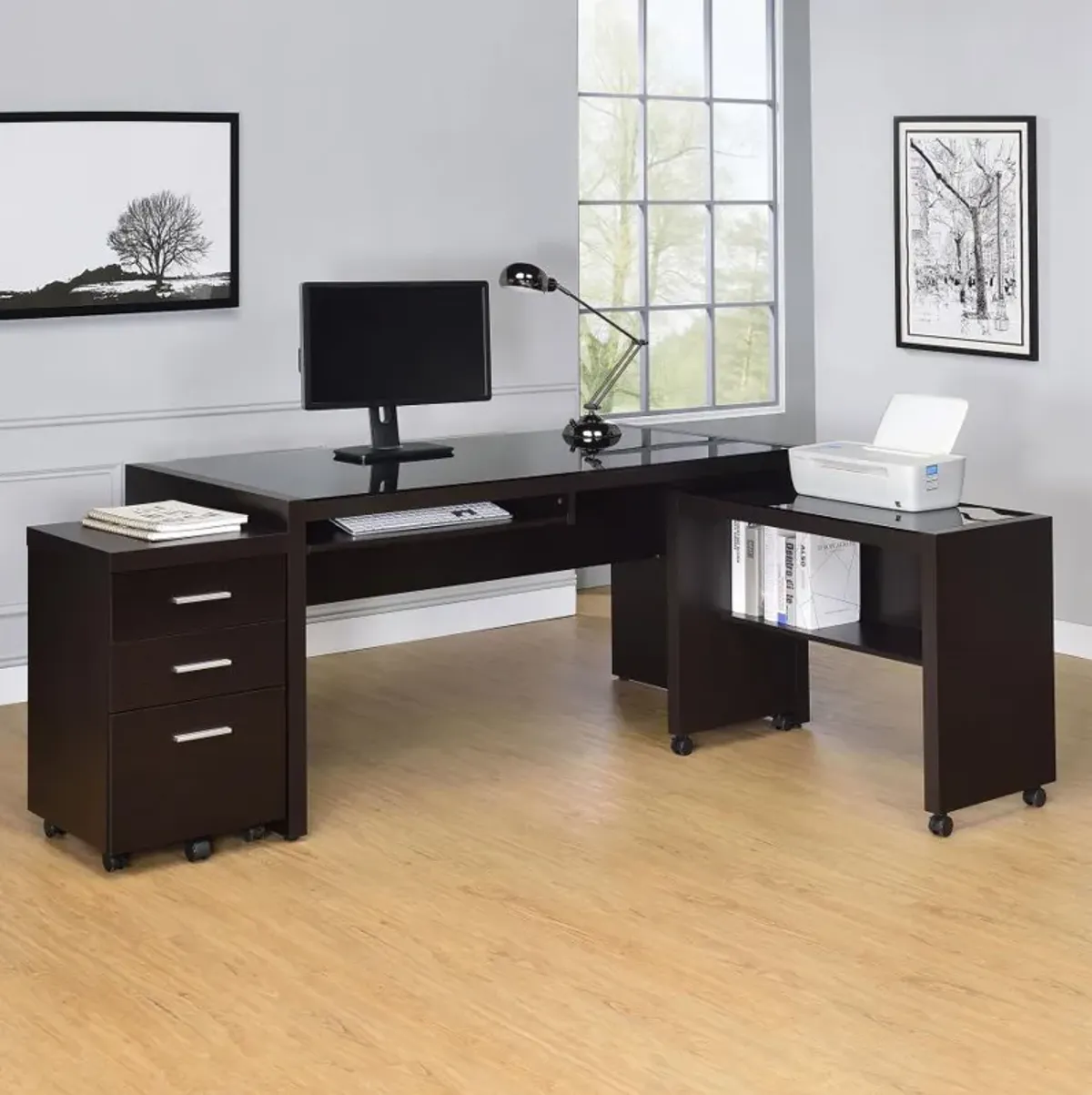 Skeena - 3 Piece Home Office Computer Desk Set - Cappuccino