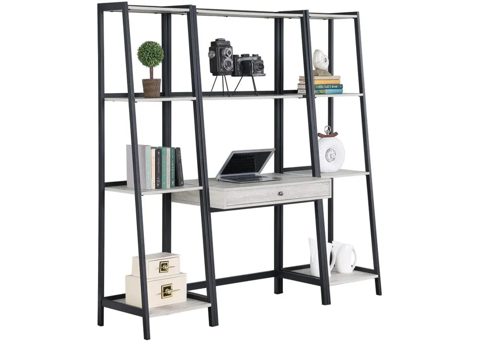 Pinckard - 3 Piece Ladder Desk And Bookcase Set - Gray Stone