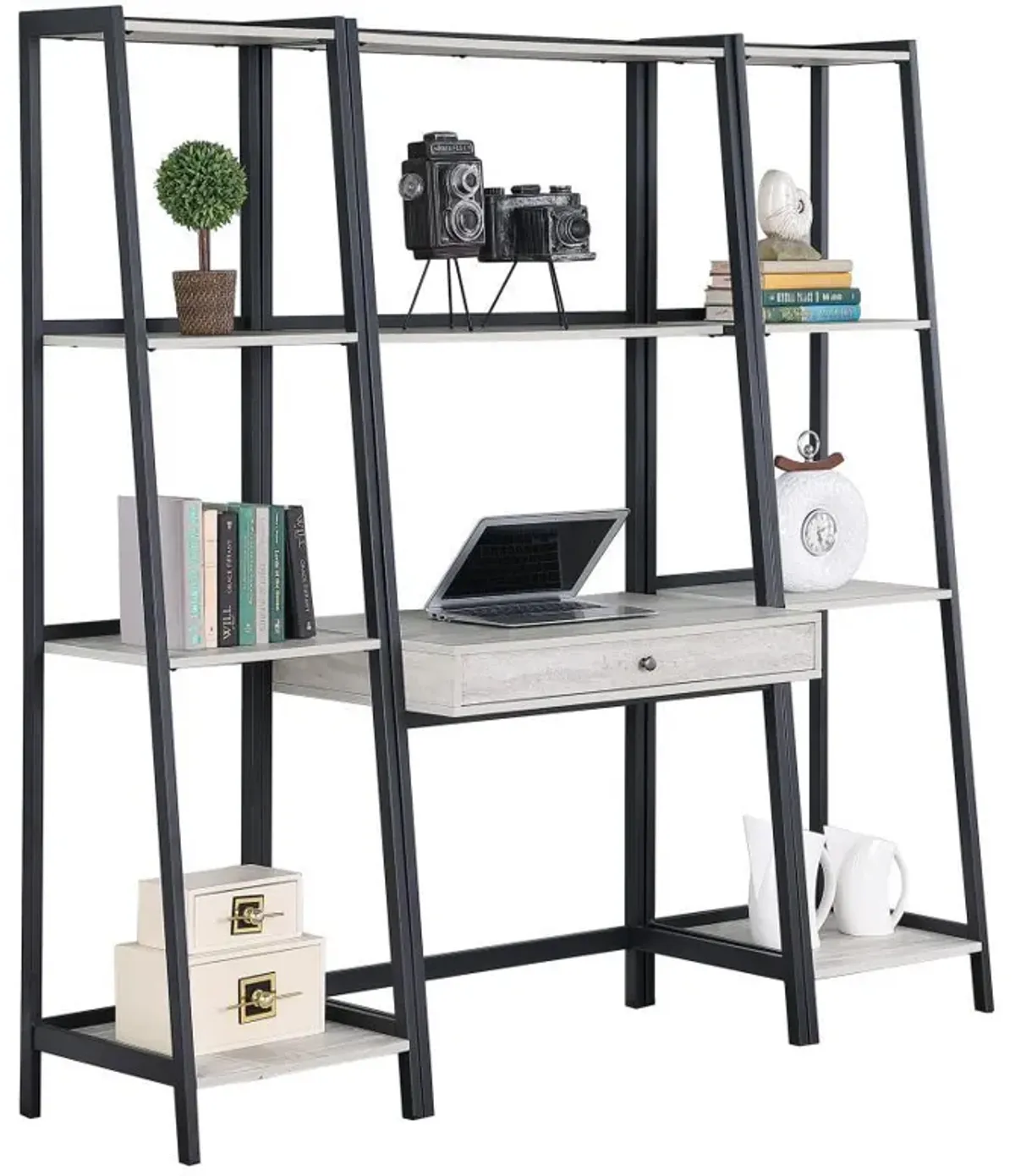 Pinckard - 3 Piece Ladder Desk And Bookcase Set - Gray Stone