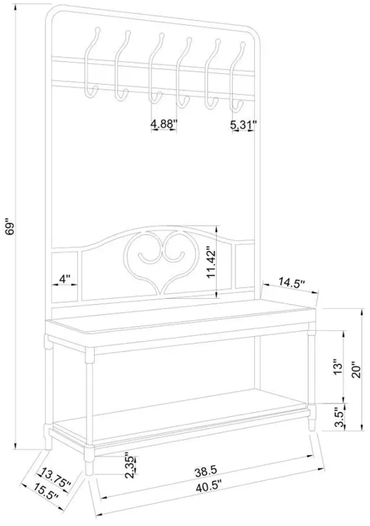 Francesca - 6 Hook Coat Rack Hall Tree Shoe Bench - Dark Bronze