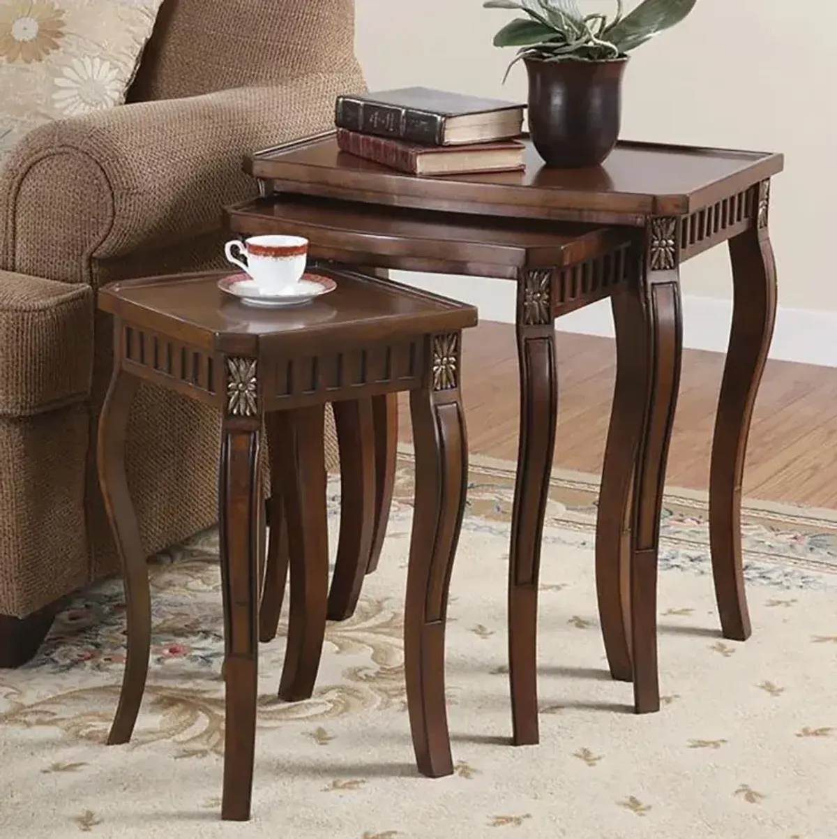 Daphne - 3 Piece Rectangular Wood Nesting Table Set - Warm Brown