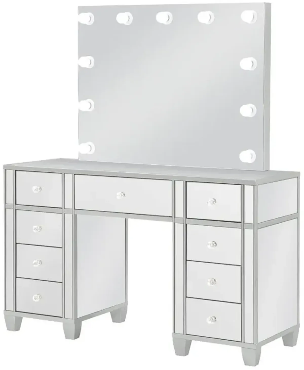 Allora - 9-Drawer Vanity Set With Lighting - Metallic Silver