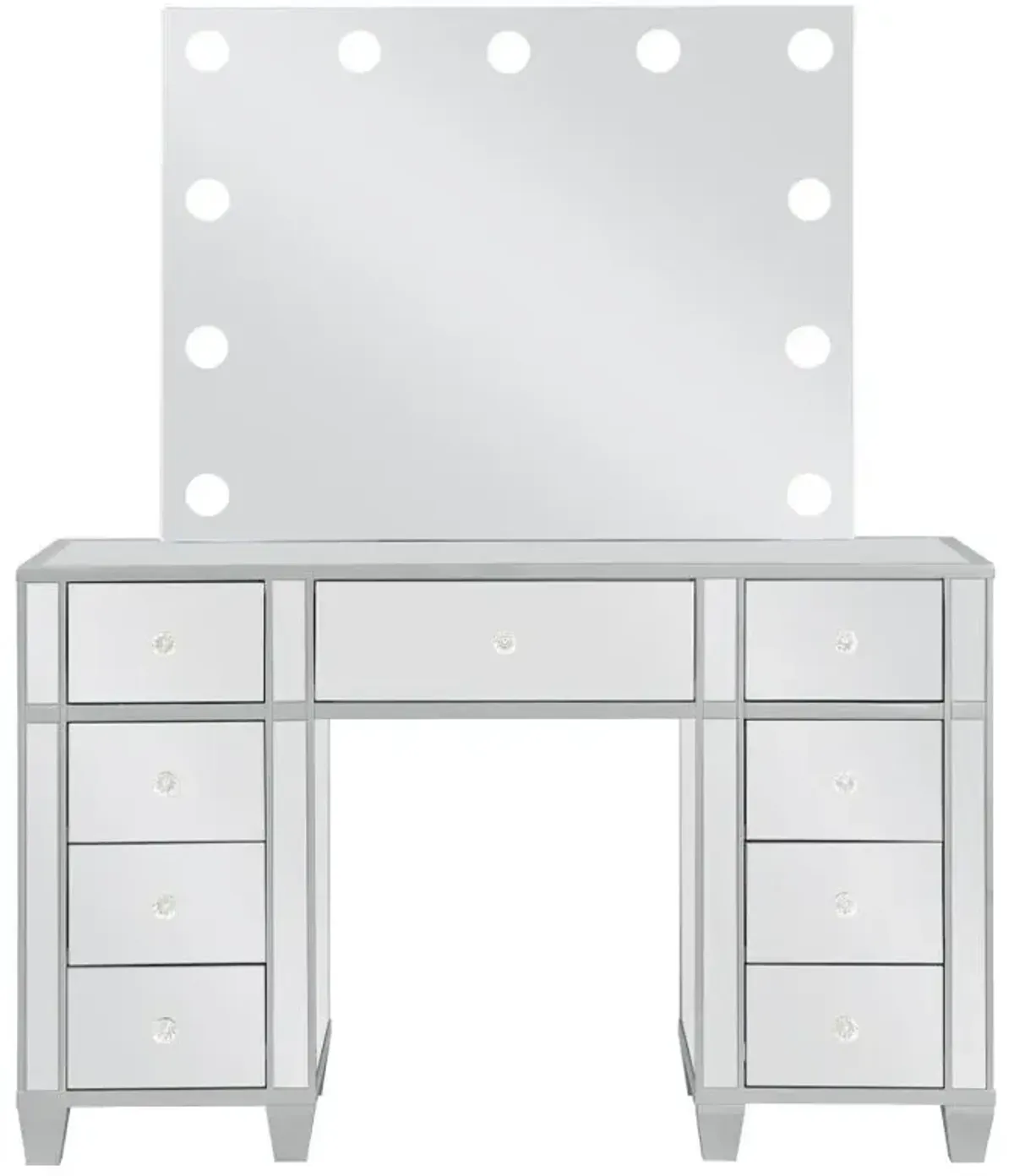 Allora - 9-Drawer Vanity Set With Lighting - Metallic Silver