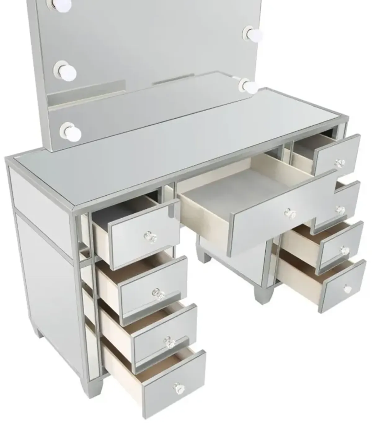 Allora - 9-Drawer Vanity Set With Lighting - Metallic Silver