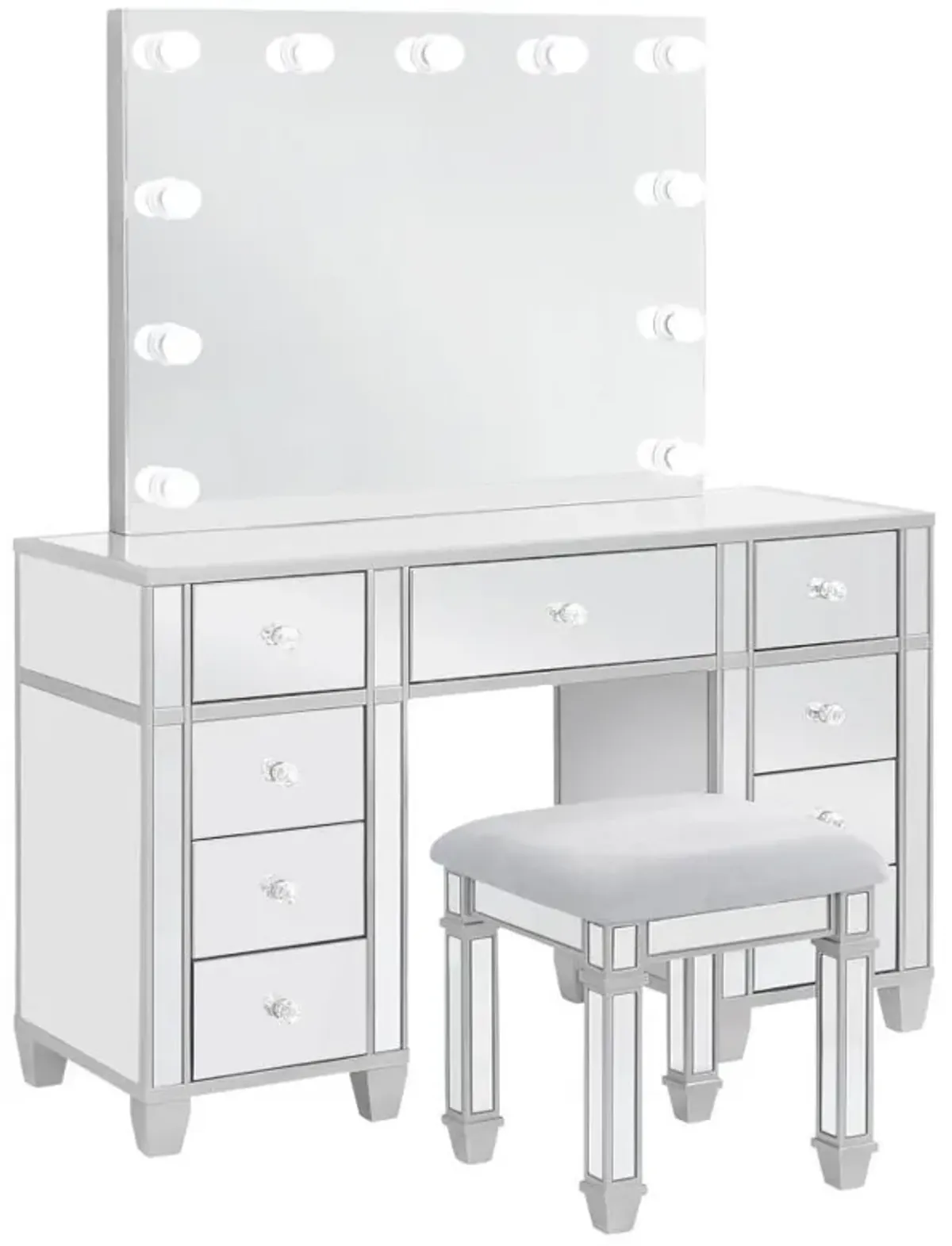 Allora - 9-Drawer Vanity Set With Lighting - Metallic Silver