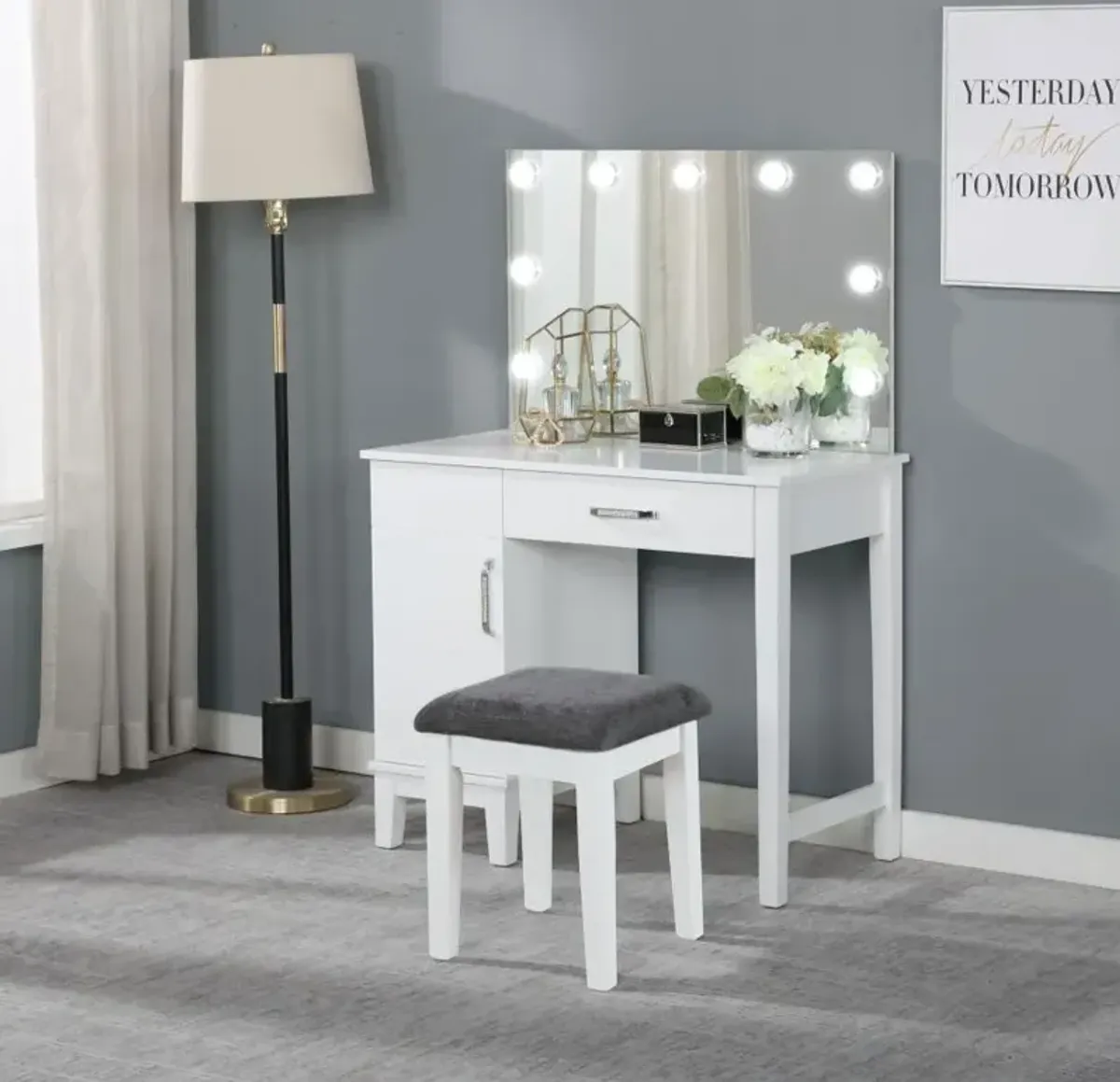 Elijah - Vanity Set With Lighting & Stool - White And Dark Gray