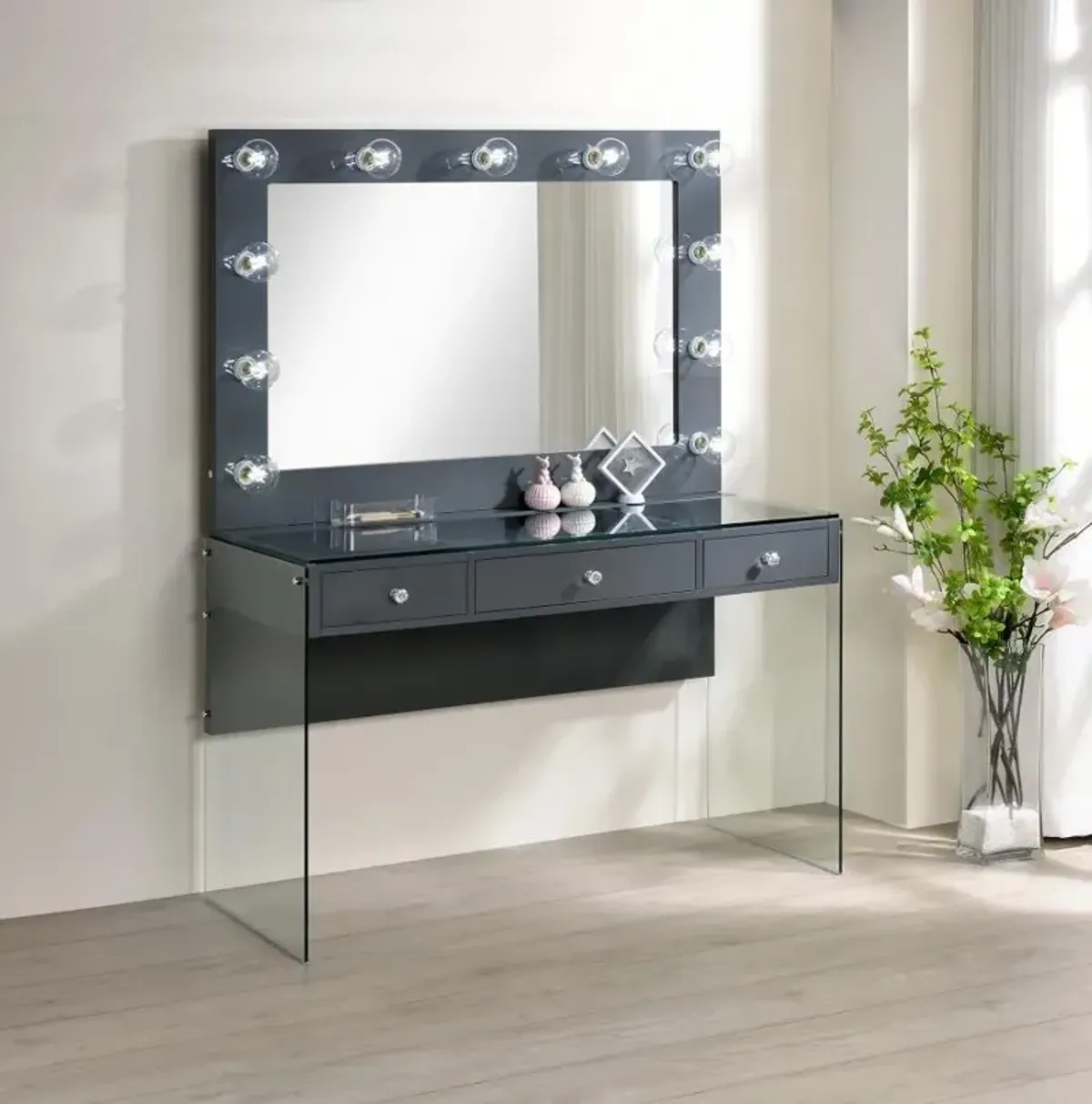 Afshan - 3-Drawer Vanity Set With Lighting - Gray High Gloss