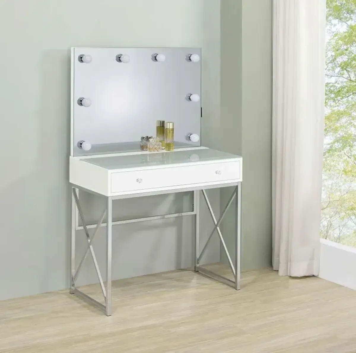 Eliza - Vanity Set With Lighting & Stool - White And Chrome