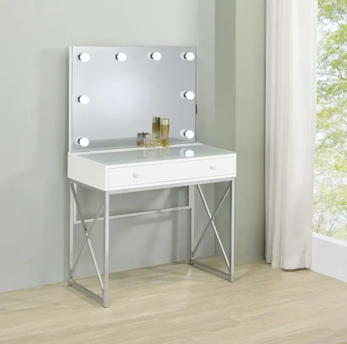 Eliza - Vanity Set With Lighting & Stool - White And Chrome