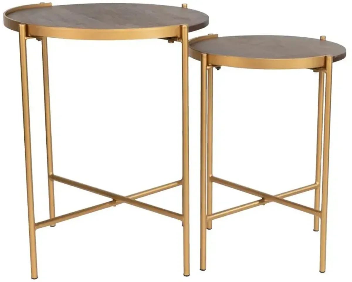 Malka - 2 Piece Round Wood Nesting Table - Dark Brown And Gold